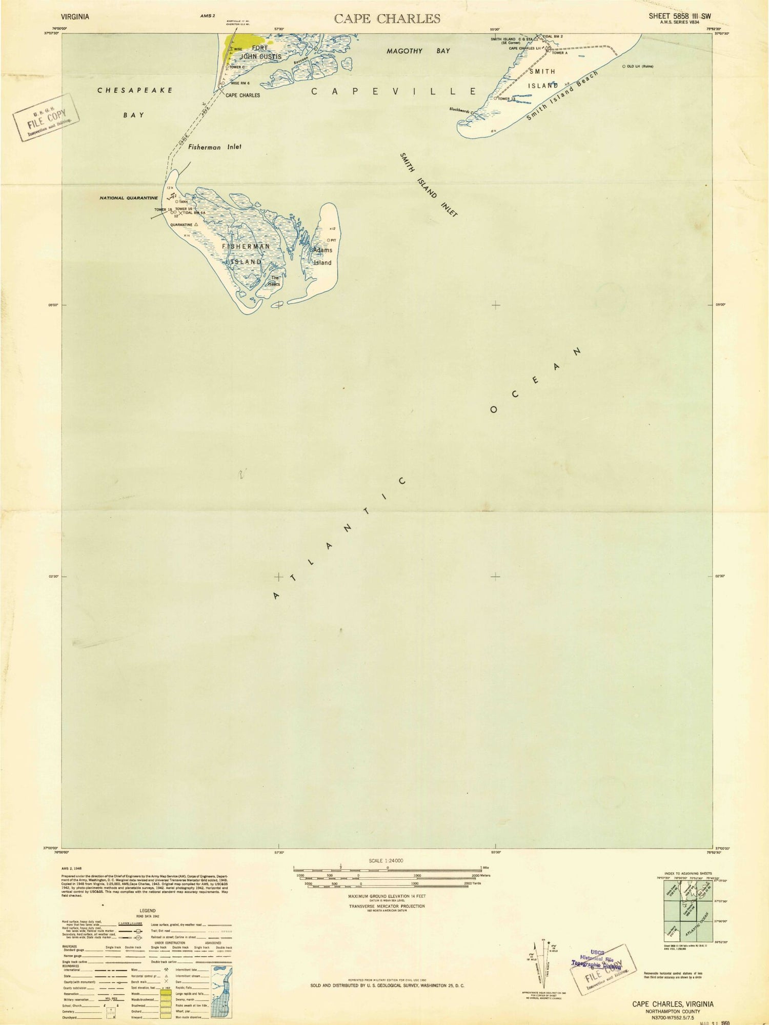 Classic USGS Cape Charles Virginia 7.5'x7.5' Topo Map Image