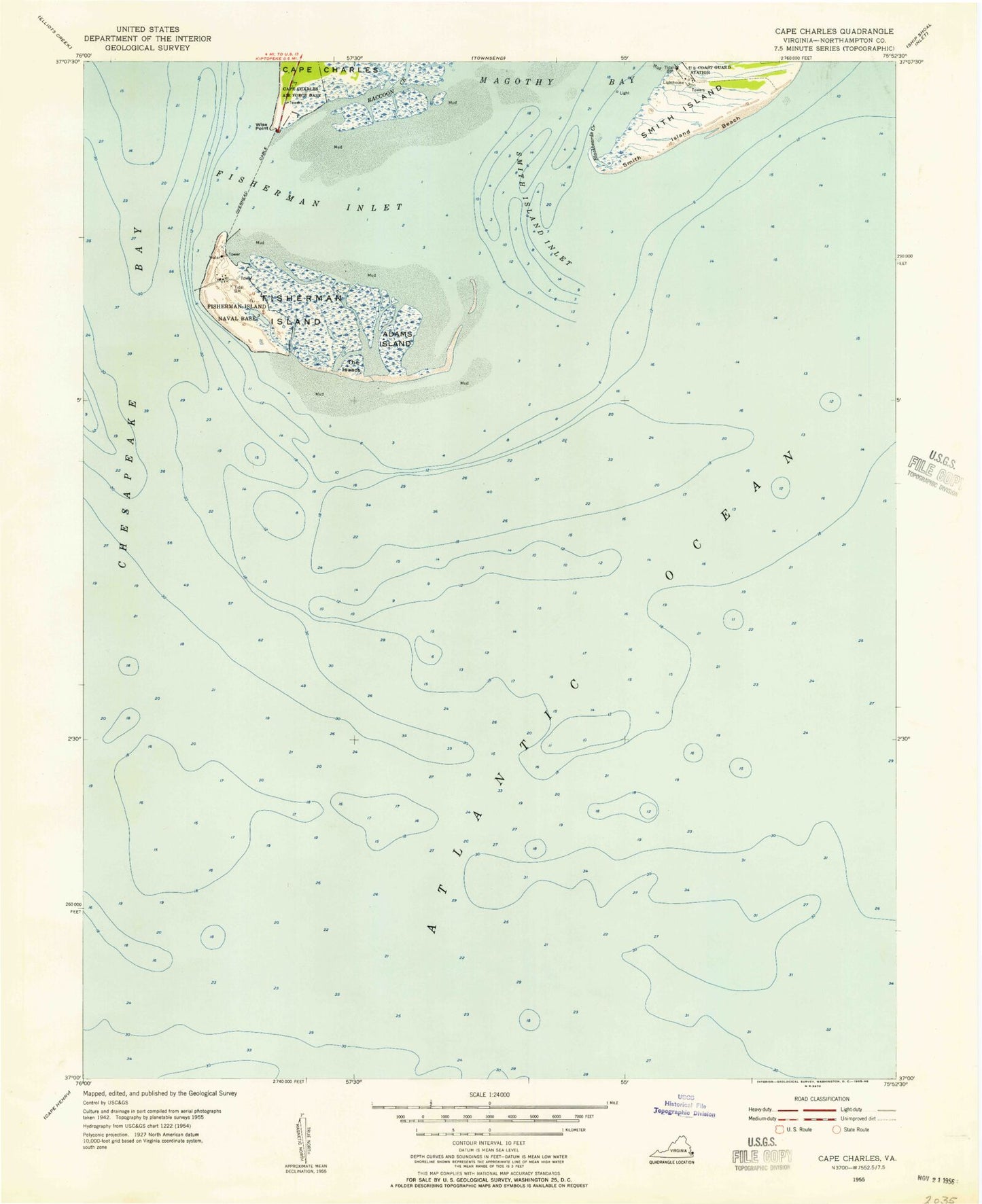 Classic USGS Cape Charles Virginia 7.5'x7.5' Topo Map Image