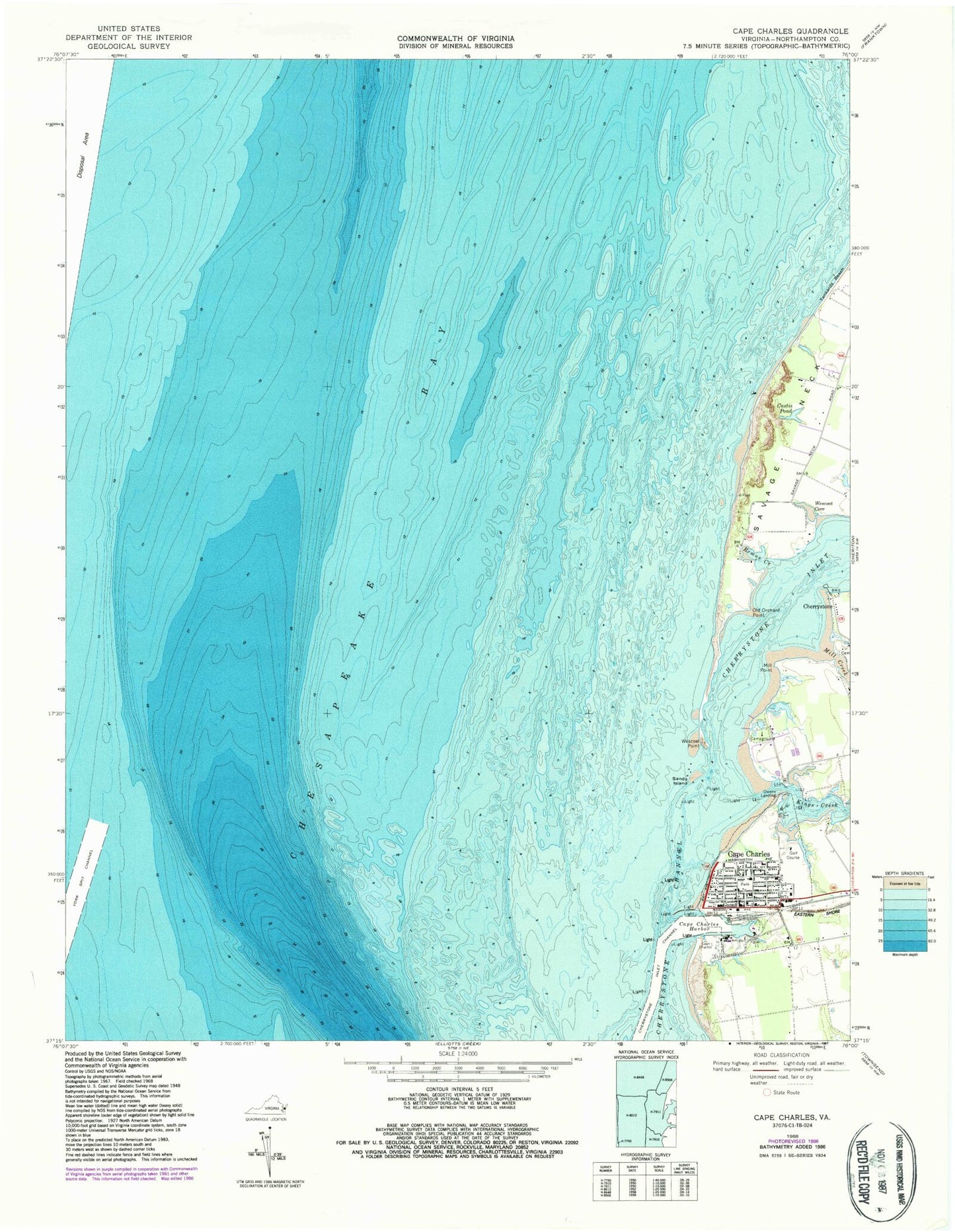Classic USGS Cape Charles Virginia 7.5'x7.5' Topo Map Image