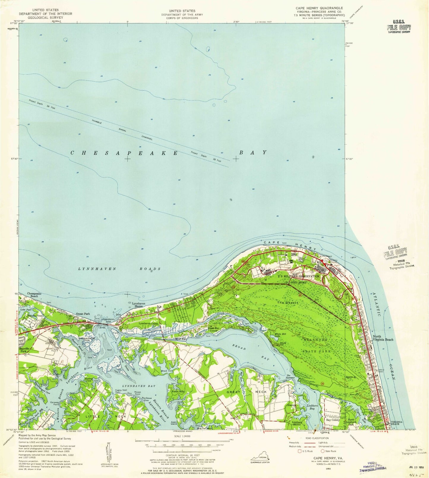 Classic USGS Cape Henry Virginia 7.5'x7.5' Topo Map Image