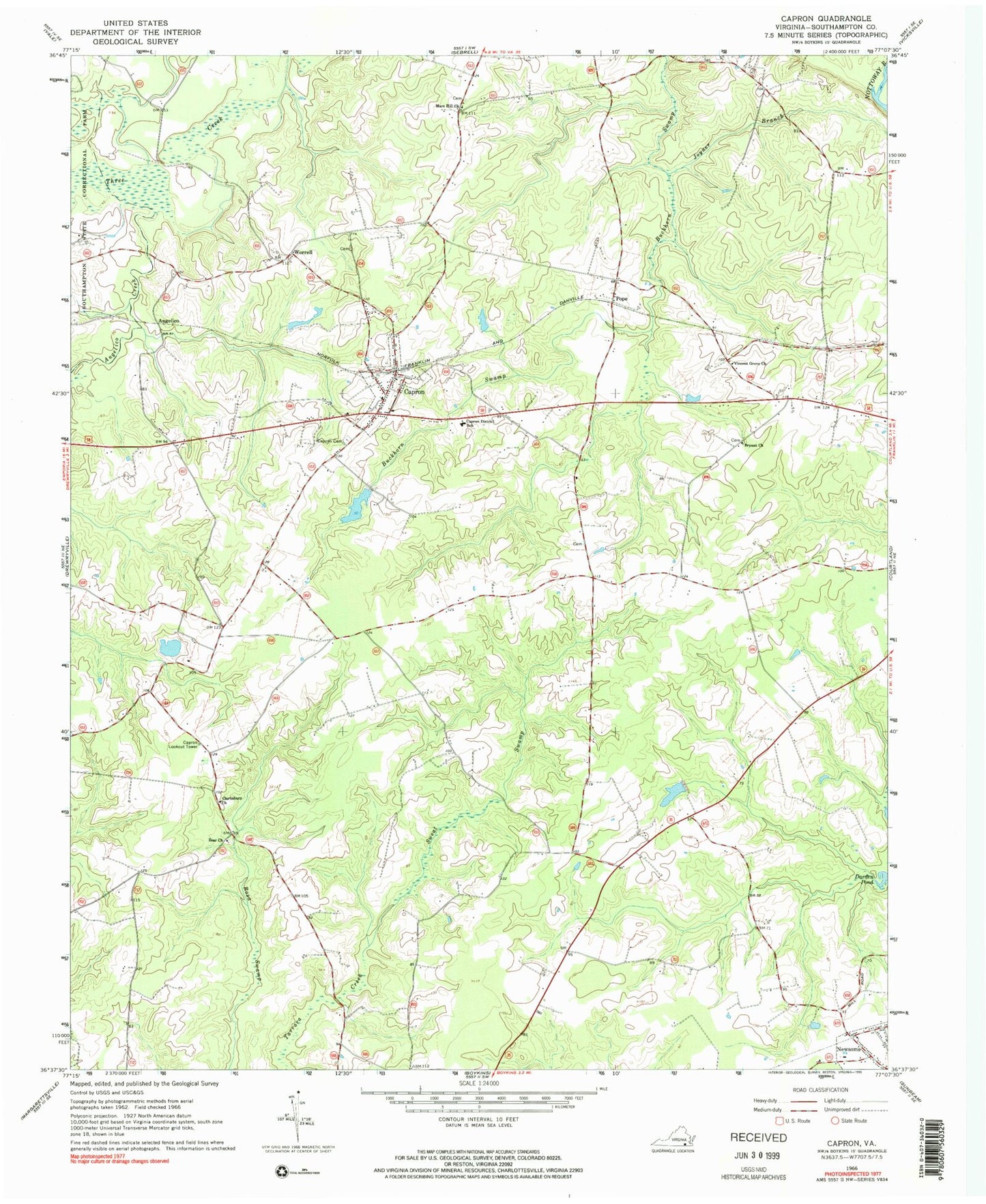 Classic USGS Capron Virginia 7.5'x7.5' Topo Map Image