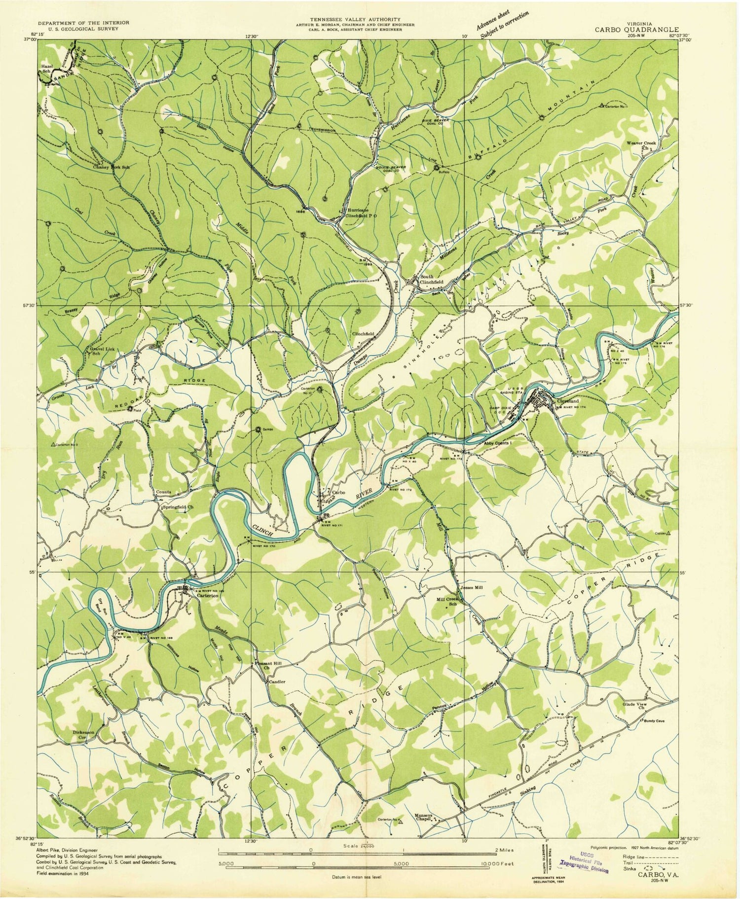 Classic USGS Carbo Virginia 7.5'x7.5' Topo Map Image