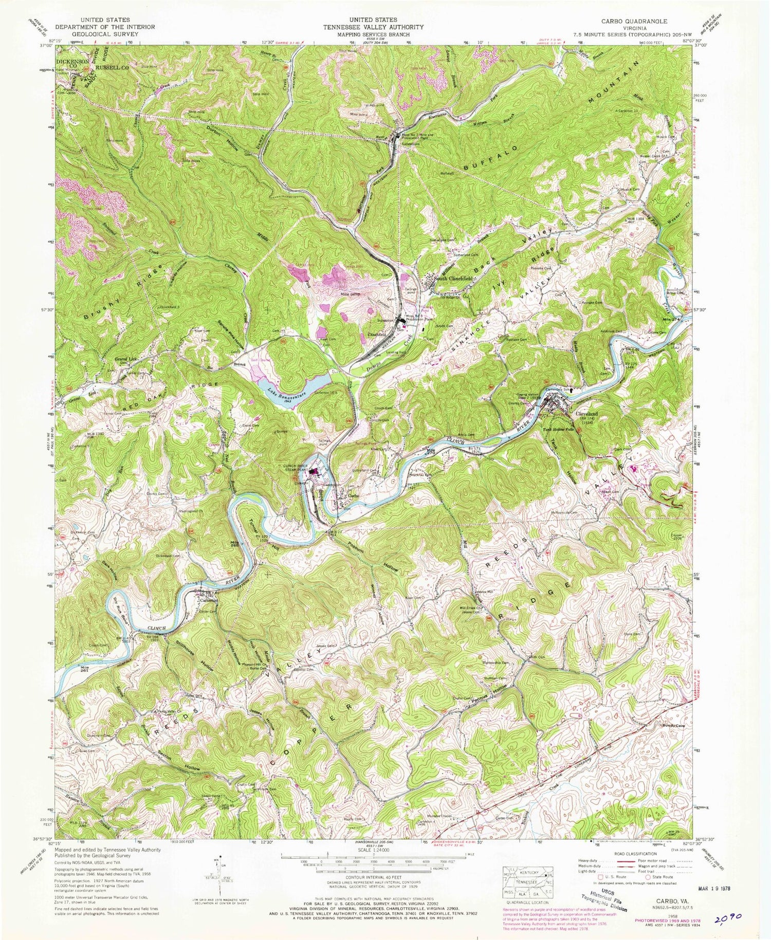 Classic USGS Carbo Virginia 7.5'x7.5' Topo Map Image