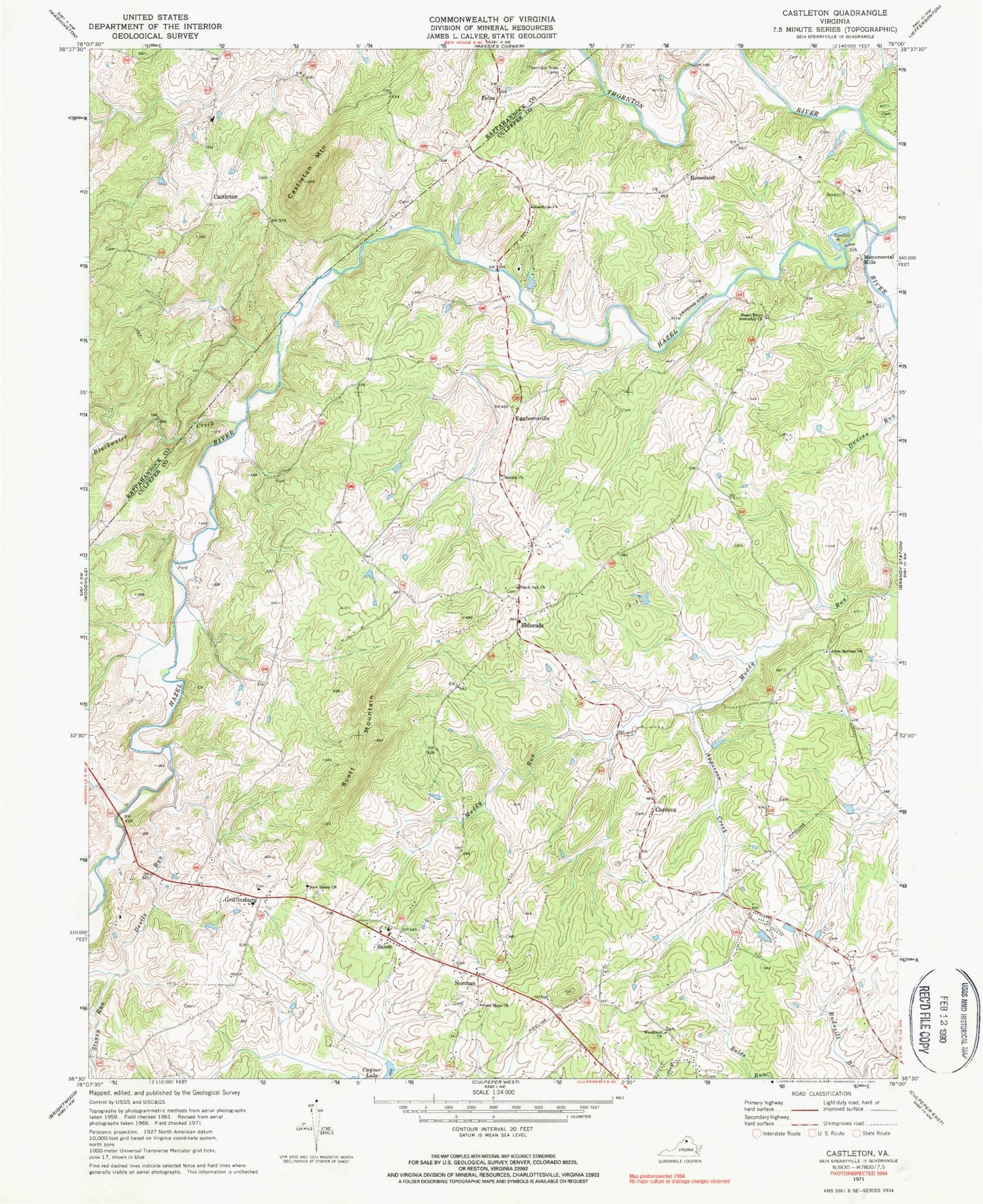 Classic USGS Castleton Virginia 7.5'x7.5' Topo Map Image