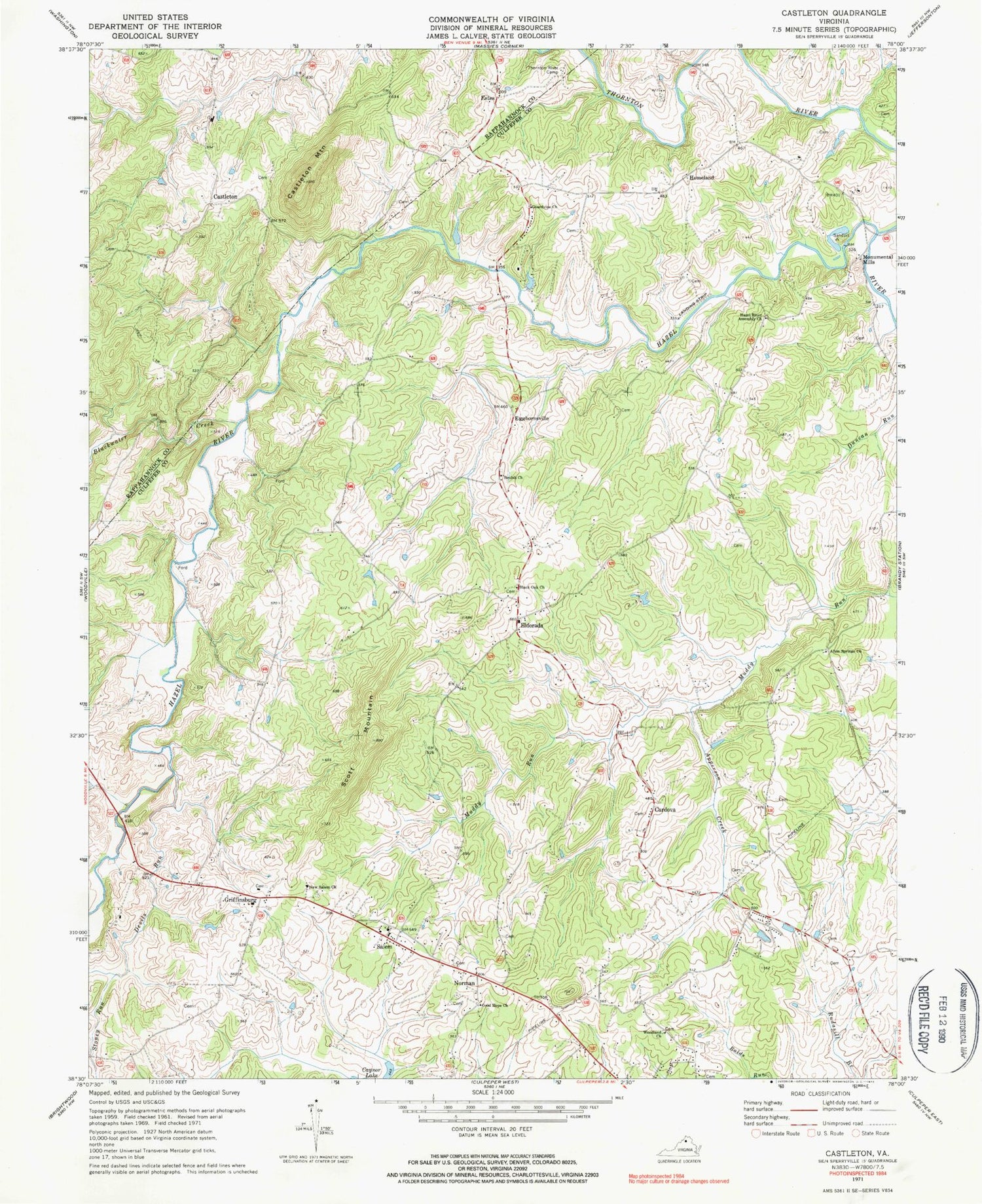 Classic USGS Castleton Virginia 7.5'x7.5' Topo Map Image