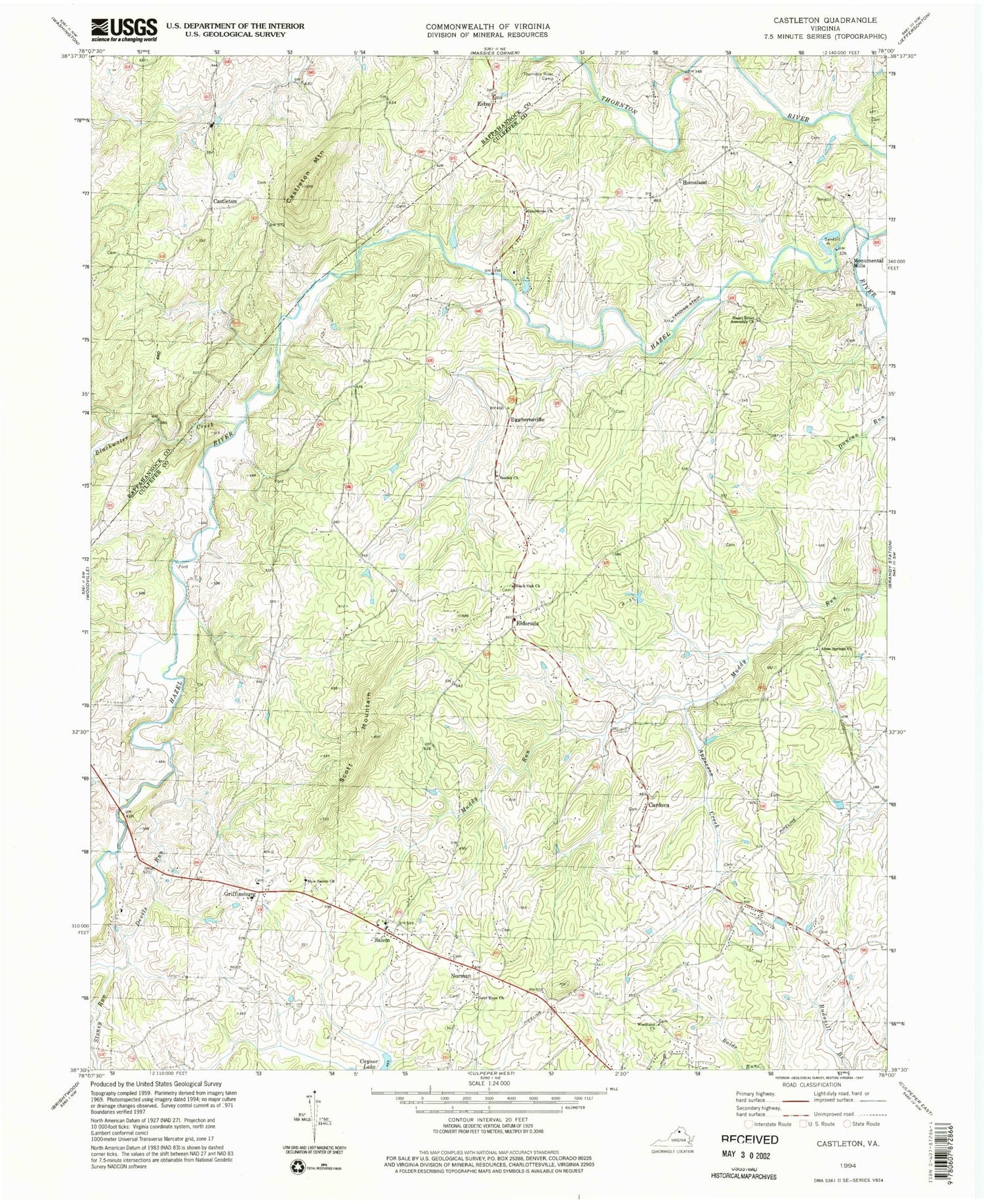 Classic USGS Castleton Virginia 7.5'x7.5' Topo Map Image