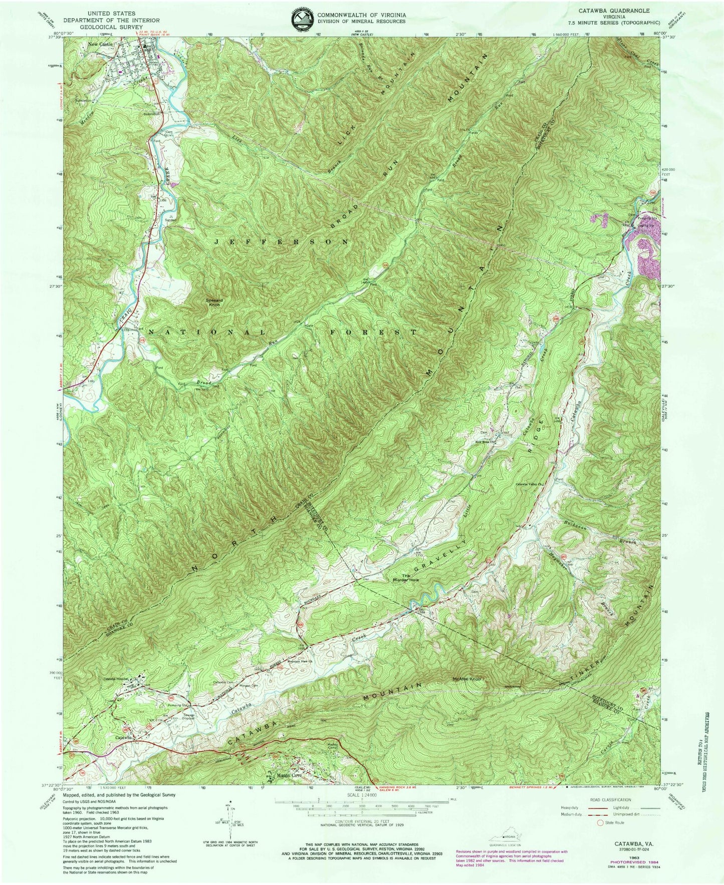Classic USGS Catawba Virginia 7.5'x7.5' Topo Map Image