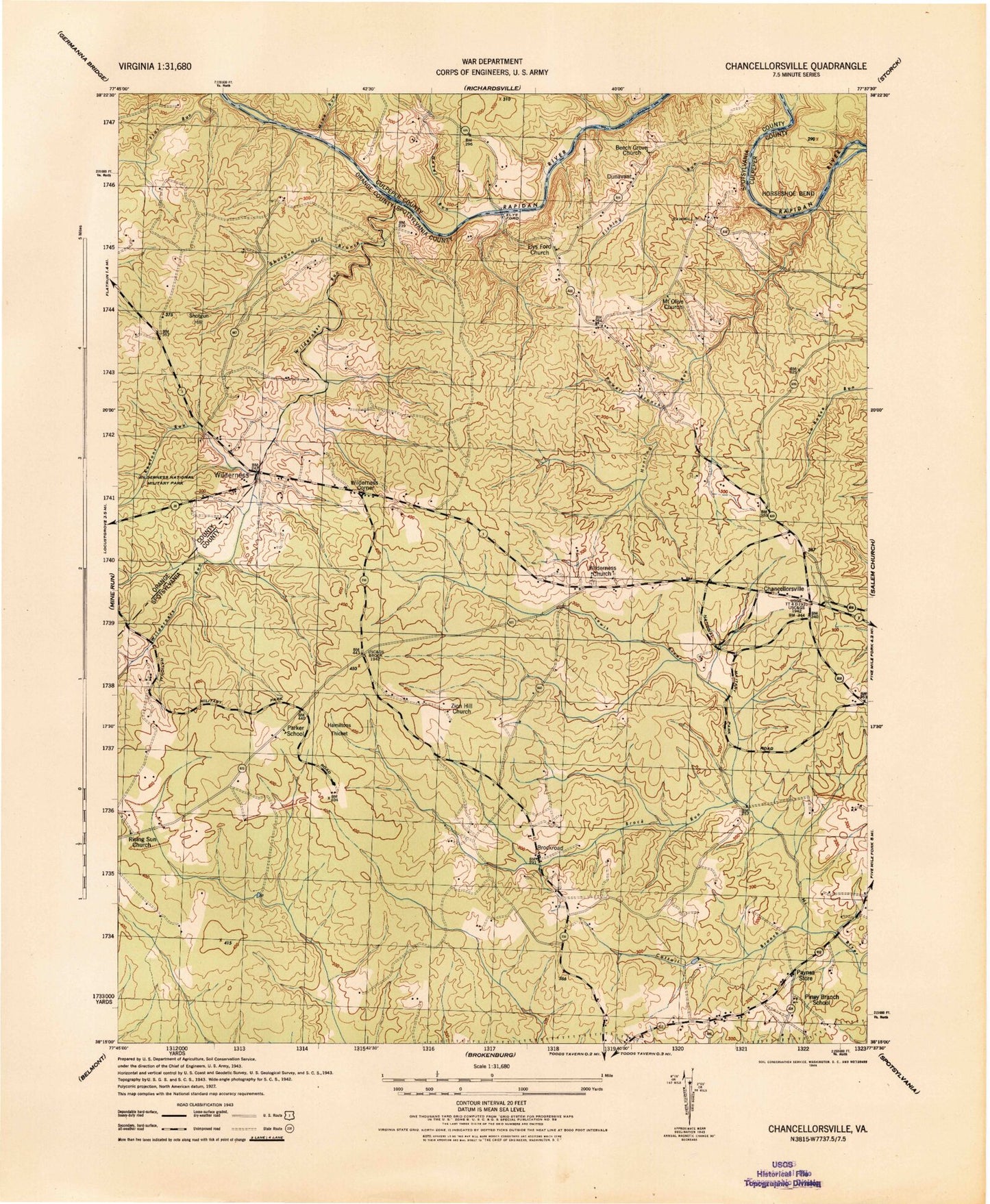 Classic USGS Chancellorsville Virginia 7.5'x7.5' Topo Map Image