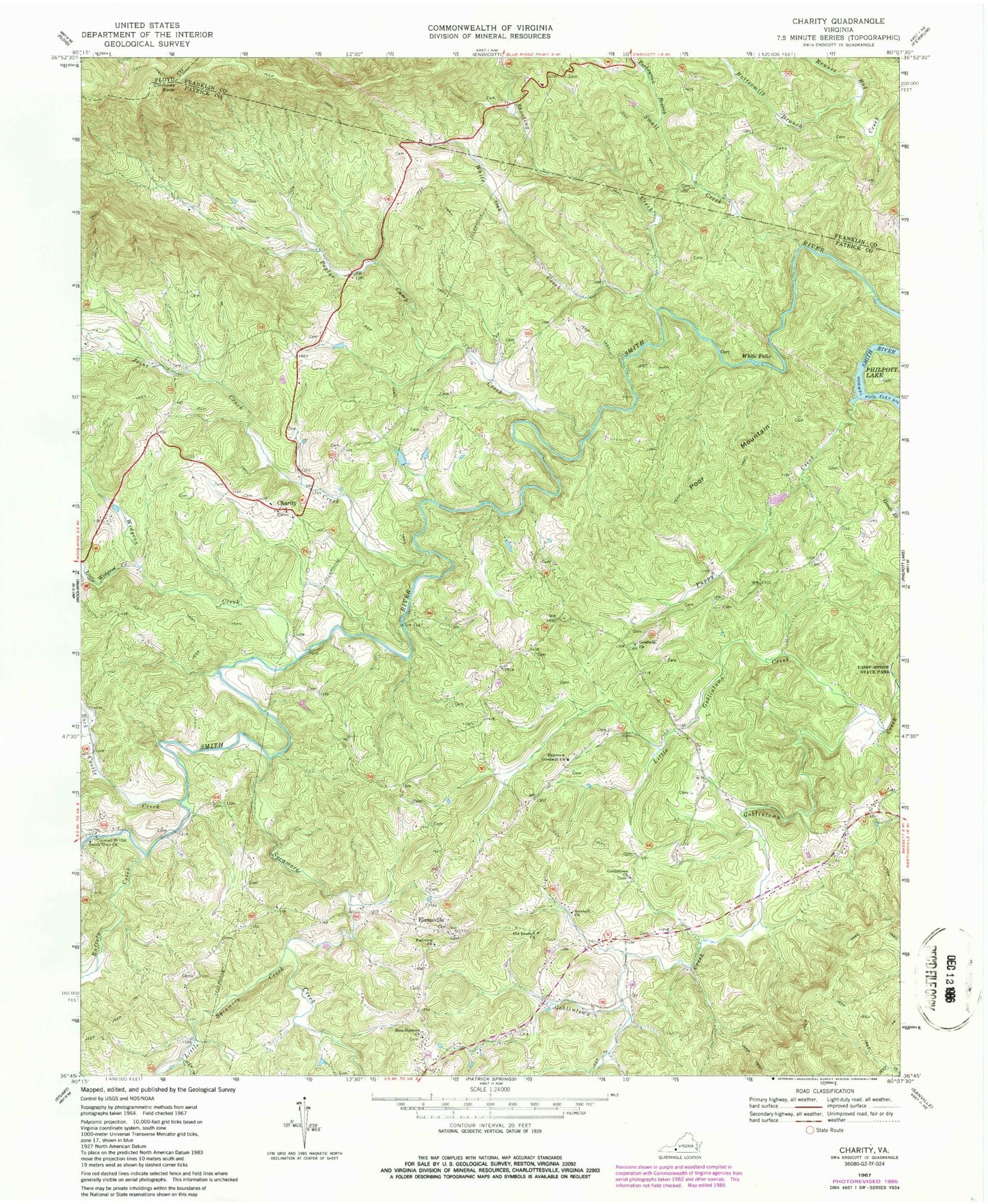 Classic USGS Charity Virginia 7.5'x7.5' Topo Map Image