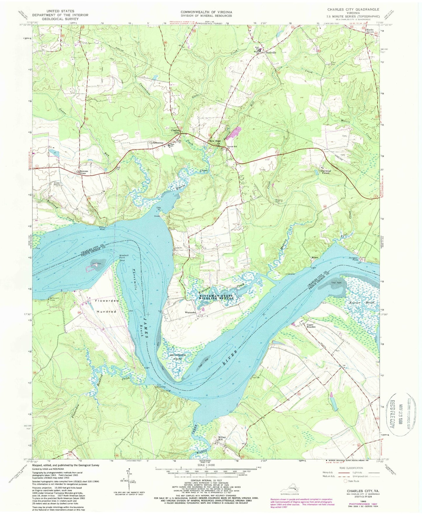 Classic USGS Charles City Virginia 7.5'x7.5' Topo Map Image