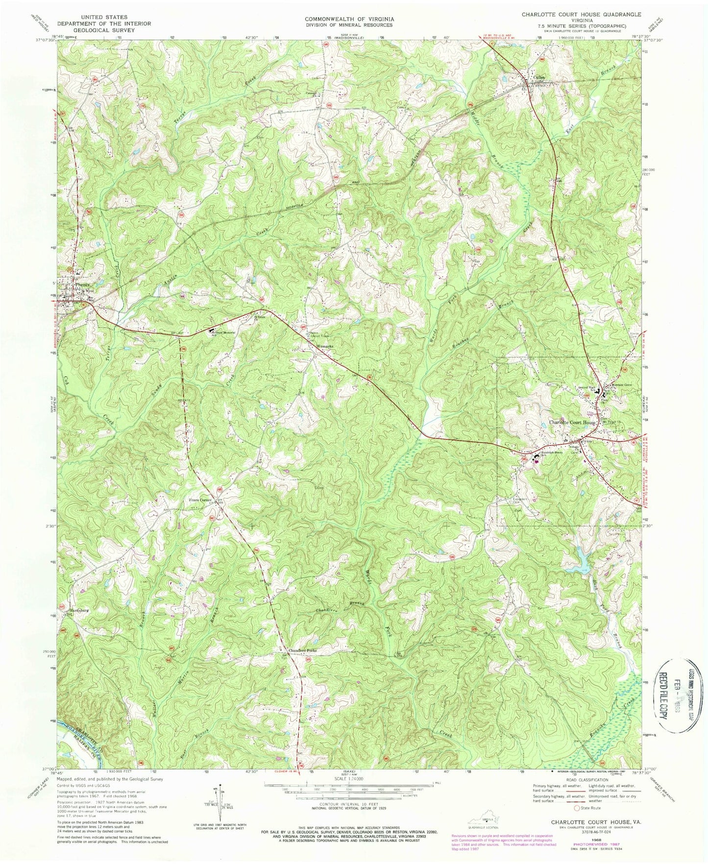 Classic USGS Charlotte Court House Virginia 7.5'x7.5' Topo Map Image