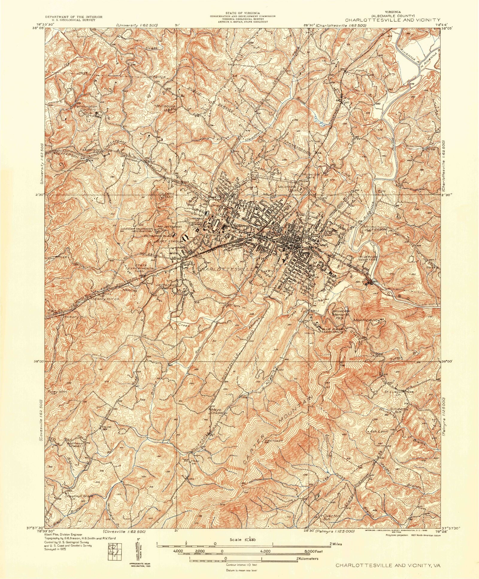 Classic USGS Charlottesville And Vicinity Virginia 7.5'x7.5' Topo