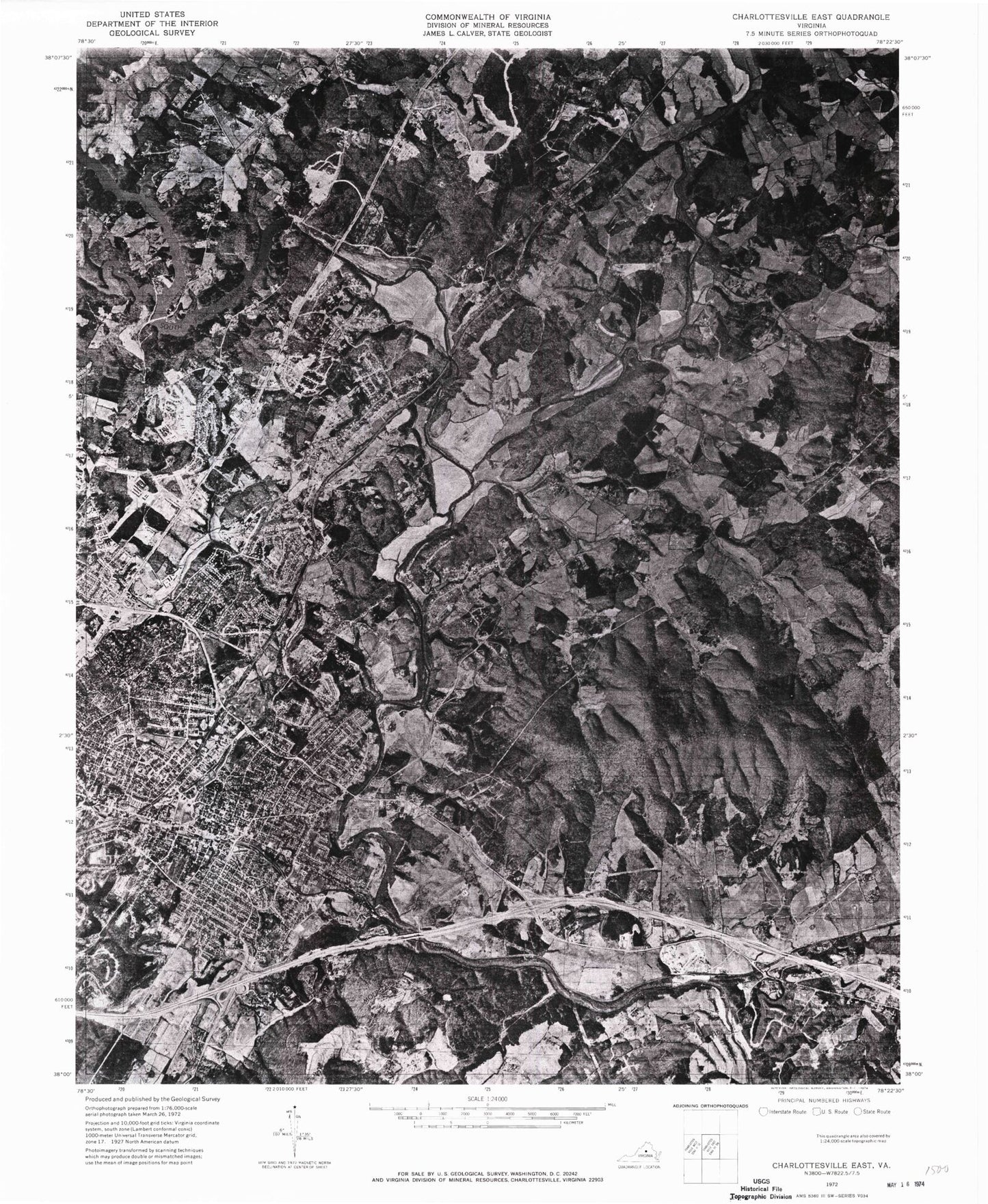 Classic USGS Charlottesville East Virginia 7.5'x7.5' Topo Map Image