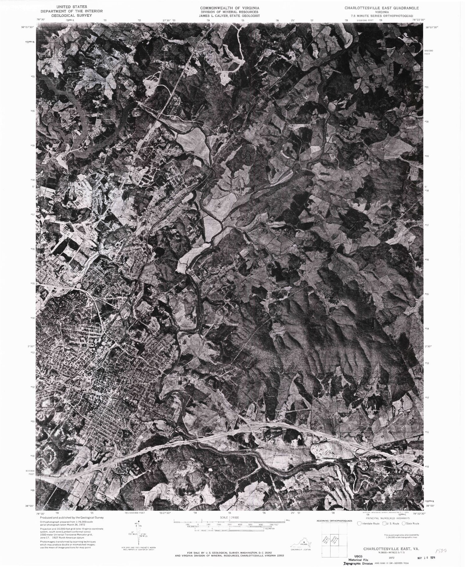 Classic USGS Charlottesville East Virginia 7.5'x7.5' Topo Map Image