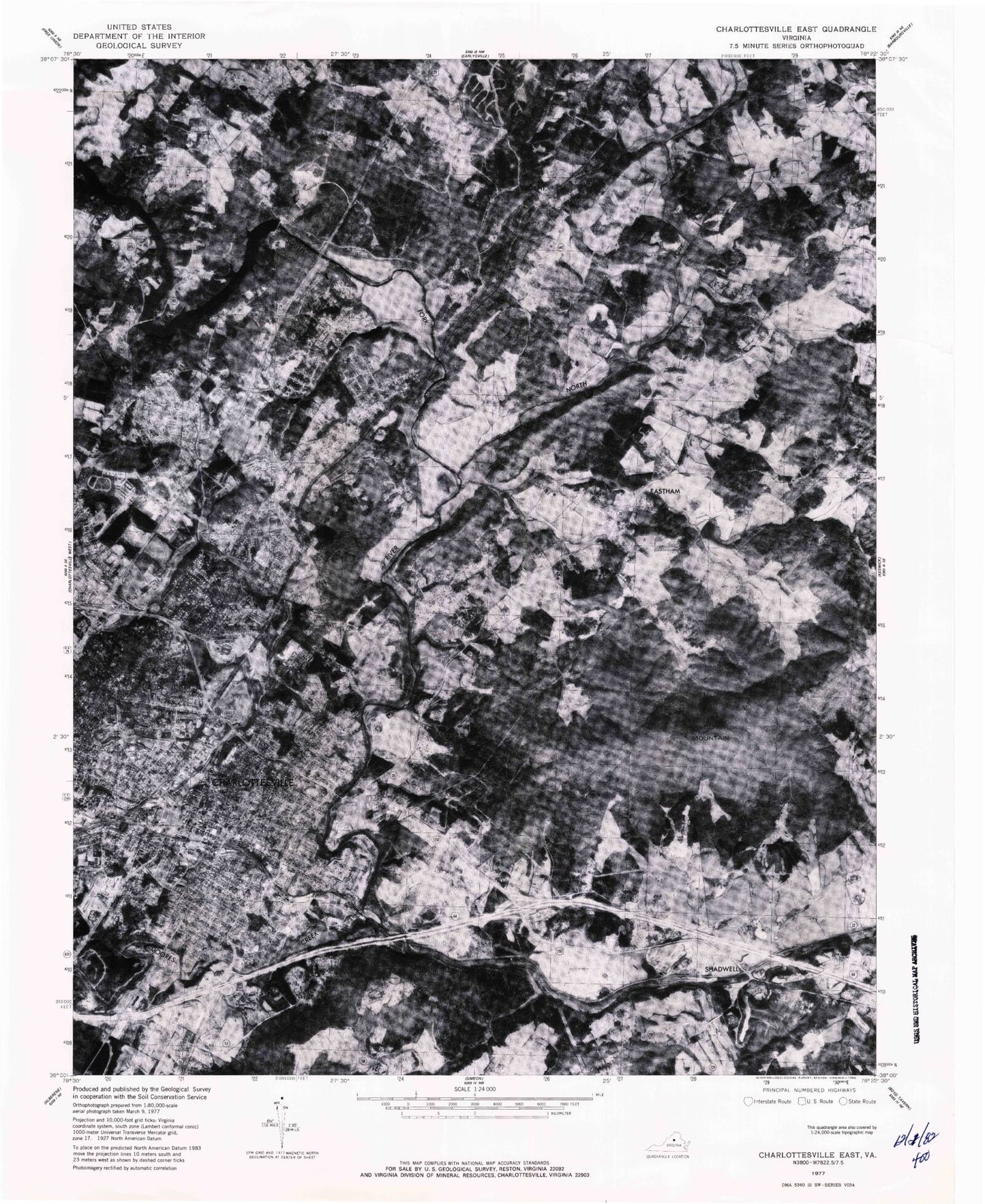Classic USGS Charlottesville East Virginia 7.5'x7.5' Topo Map Image
