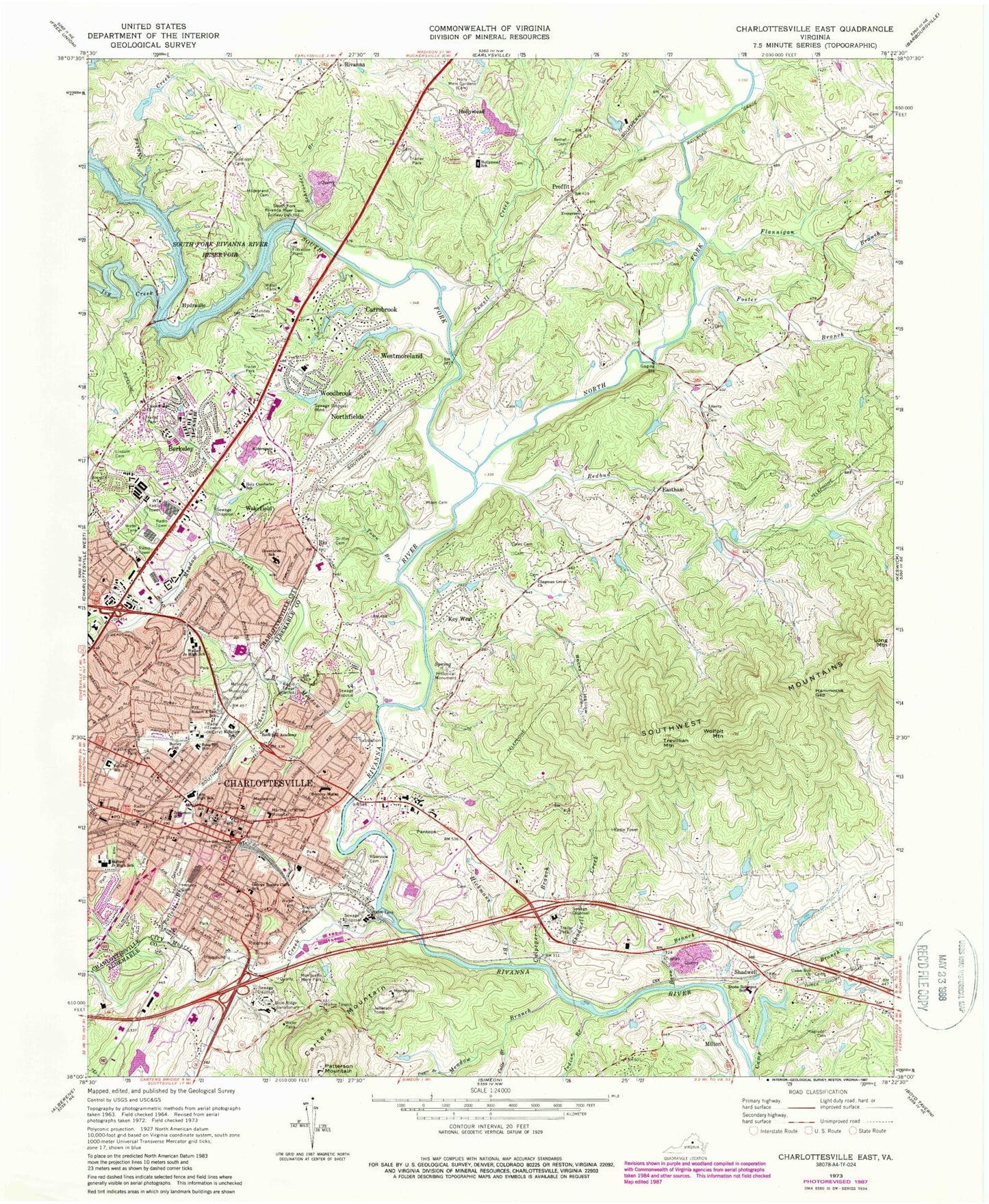 Classic USGS Charlottesville East Virginia 7.5'x7.5' Topo Map Image