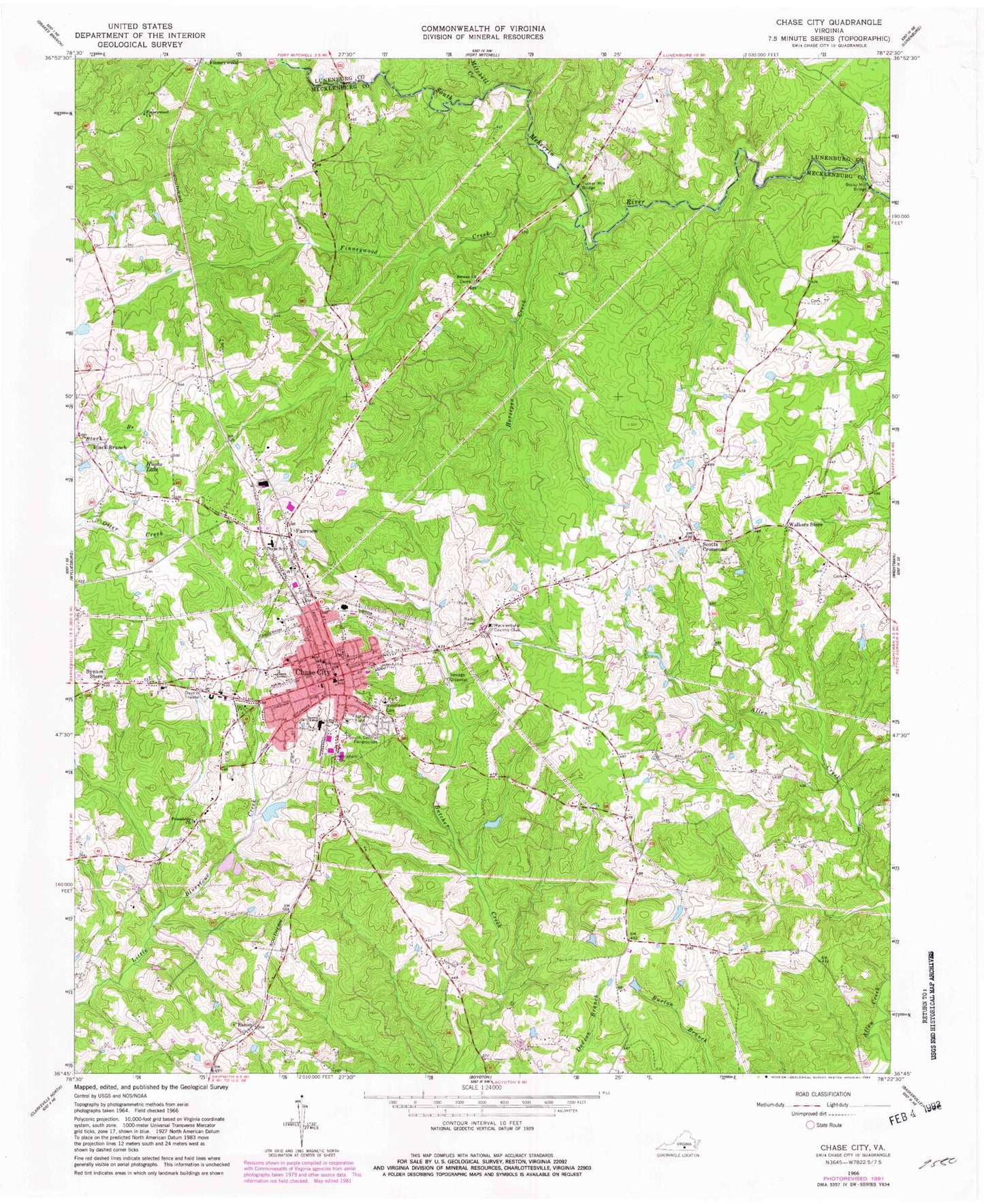 Classic USGS Chase City Virginia 7.5'x7.5' Topo Map Image