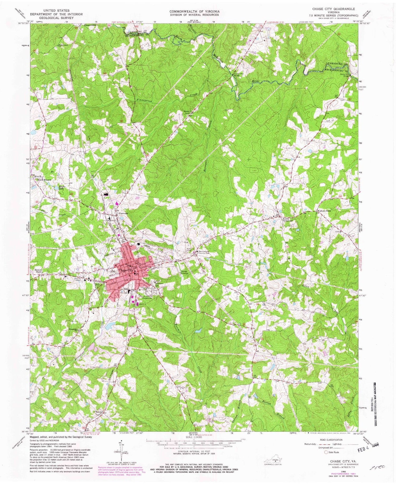 Classic USGS Chase City Virginia 7.5'x7.5' Topo Map Image