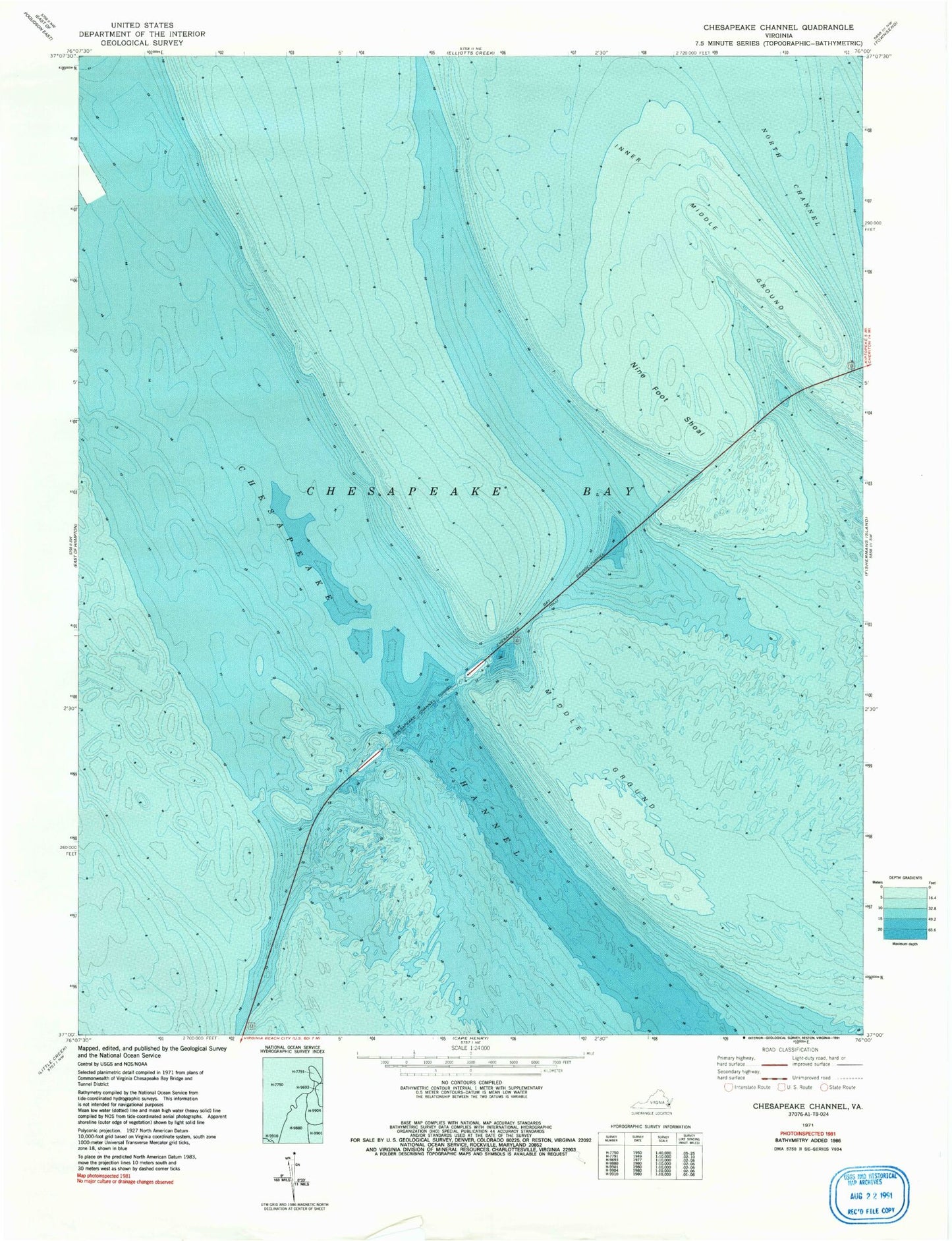 Classic USGS Chesapeake Channel Virginia 7.5'x7.5' Topo Map Image