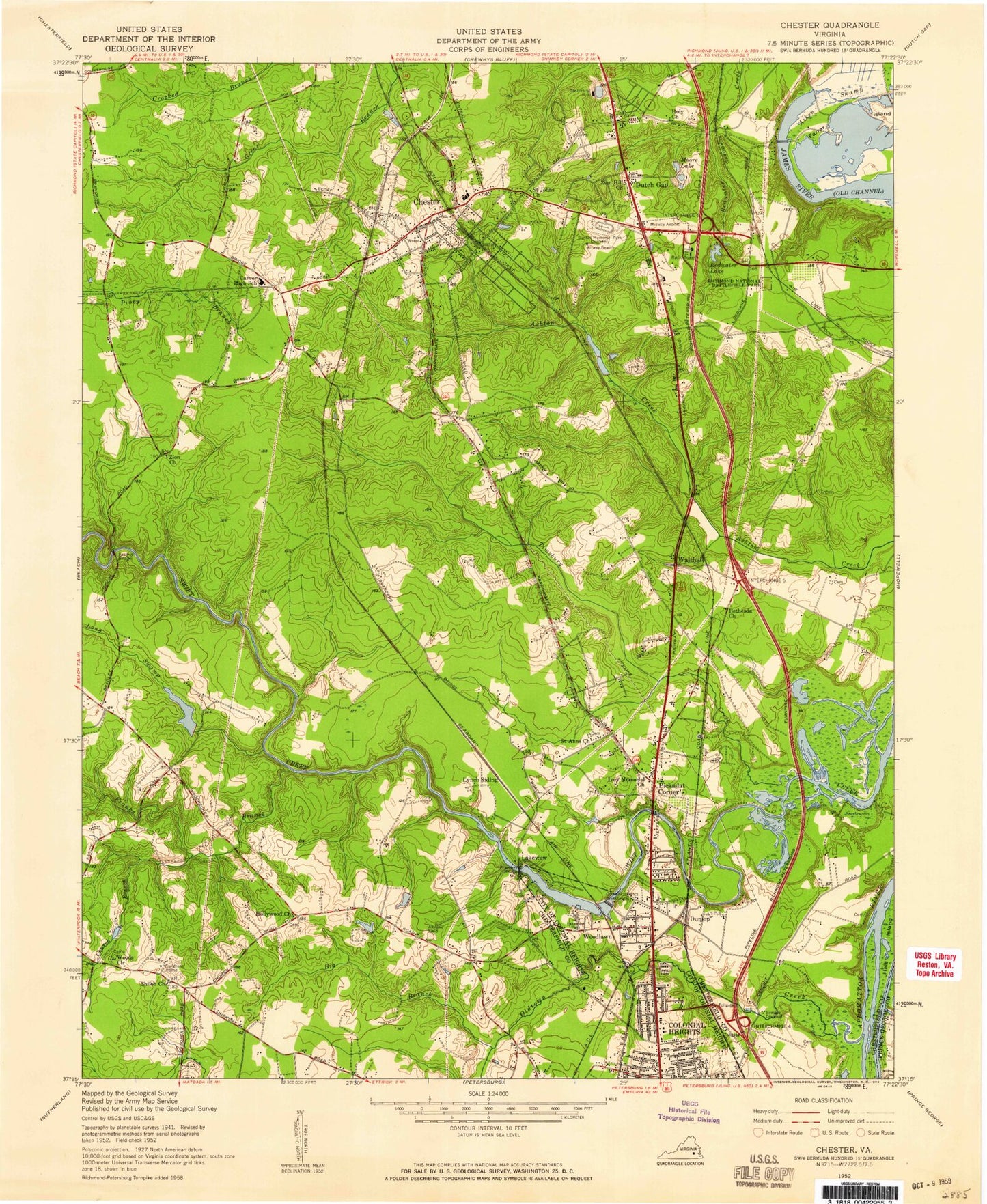 Classic USGS Chester Virginia 7.5'x7.5' Topo Map Image
