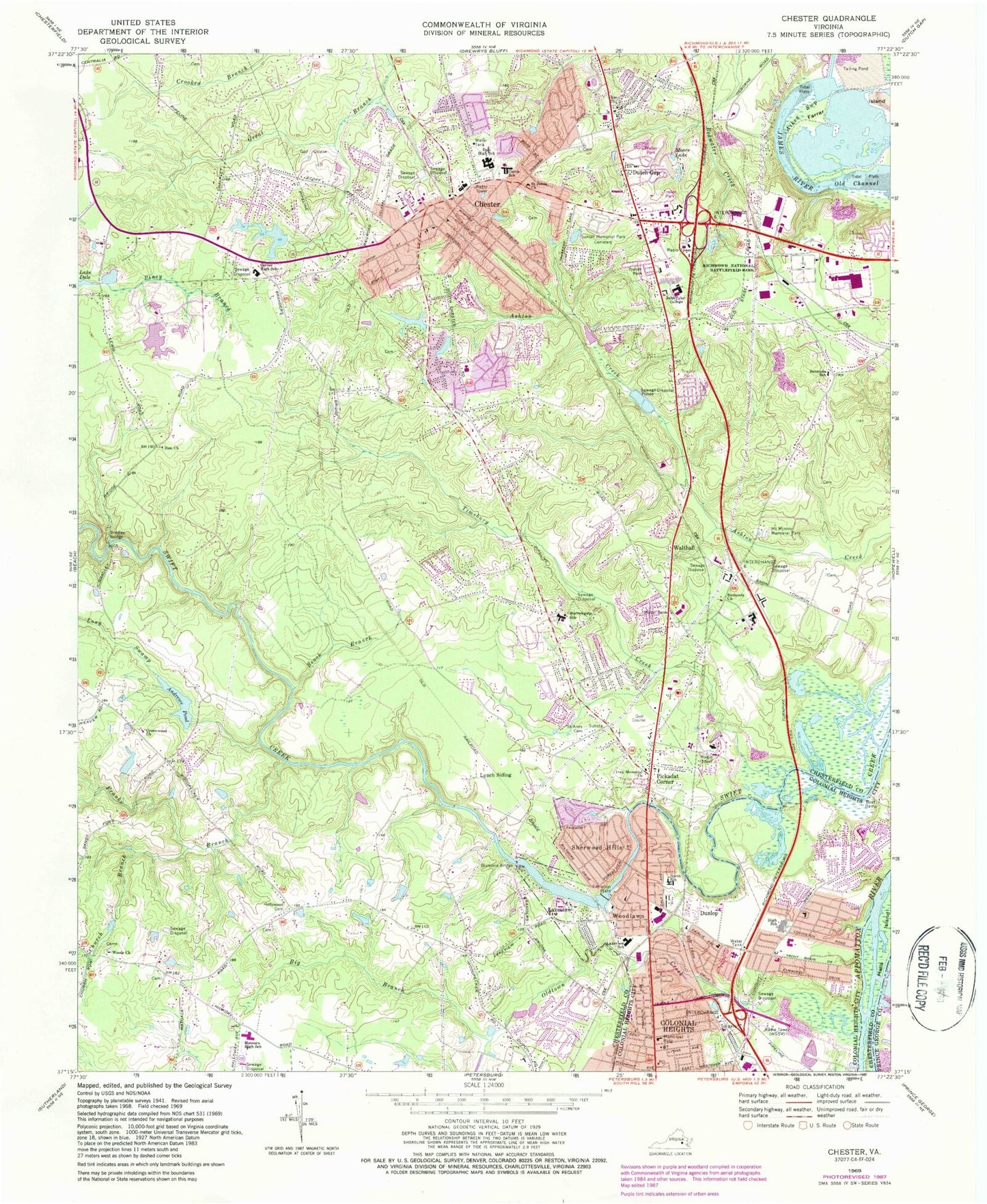 Classic USGS Chester Virginia 7.5'x7.5' Topo Map Image