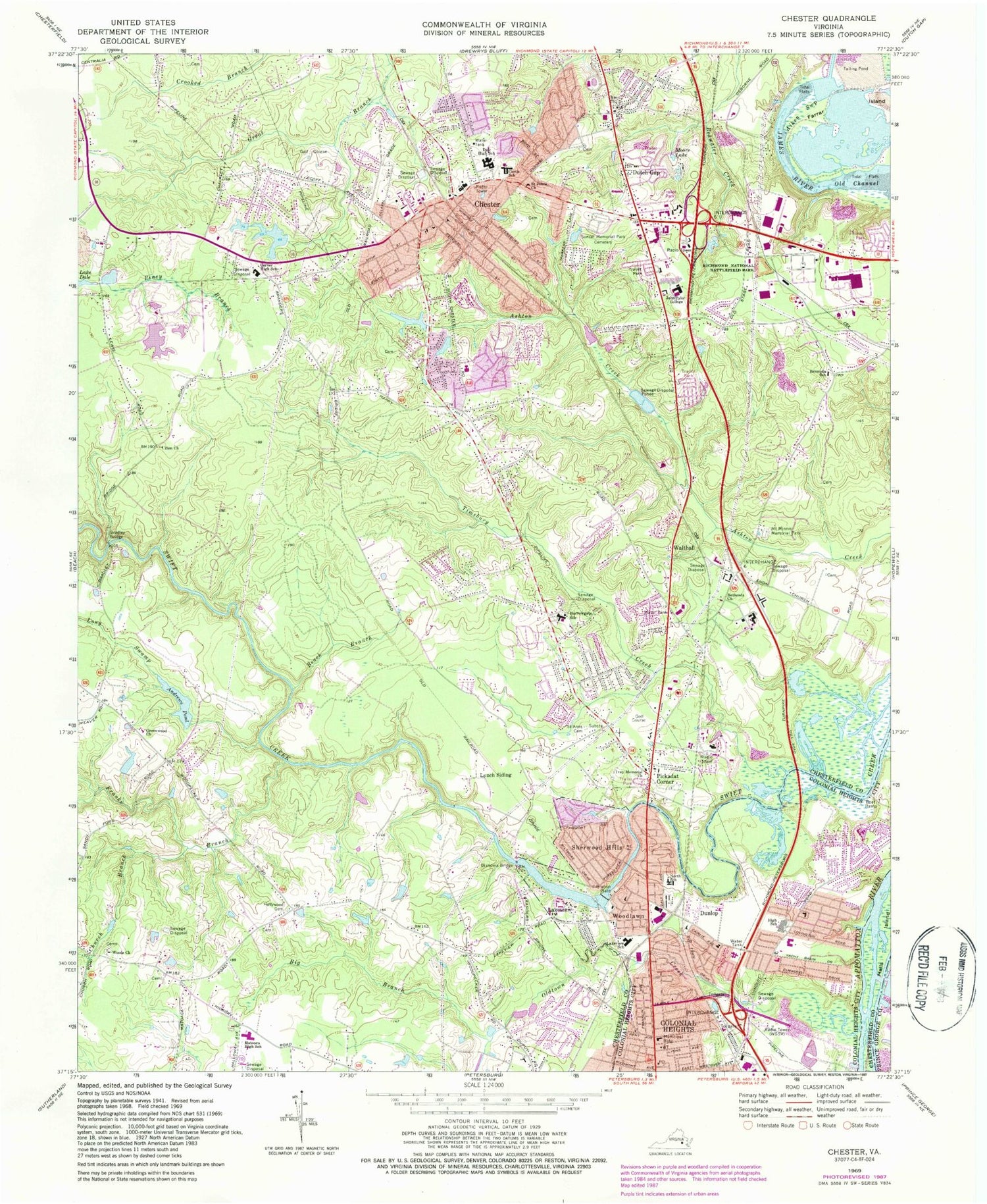 Classic USGS Chester Virginia 7.5'x7.5' Topo Map Image