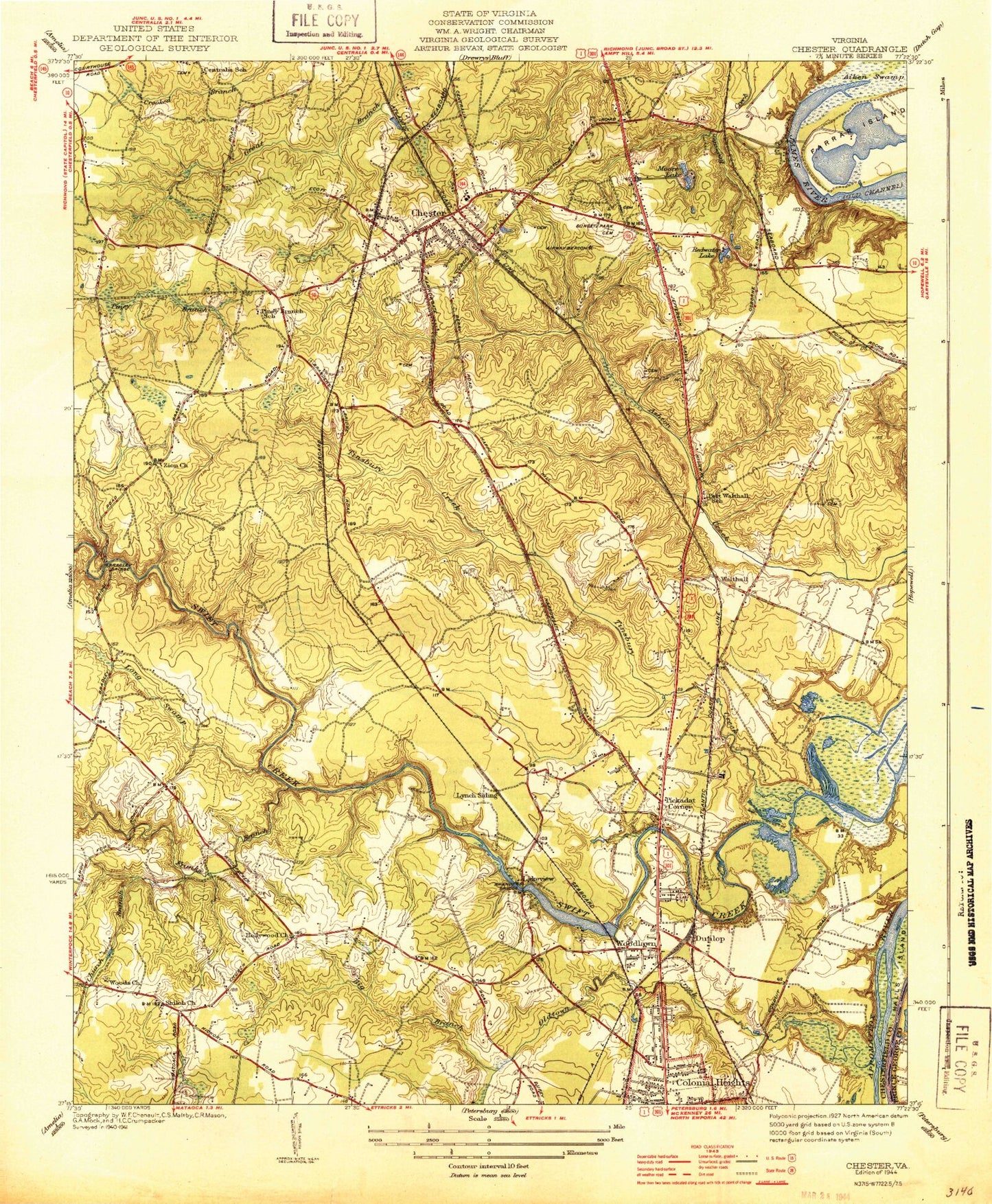 Classic USGS Chester Virginia 7.5'x7.5' Topo Map Image