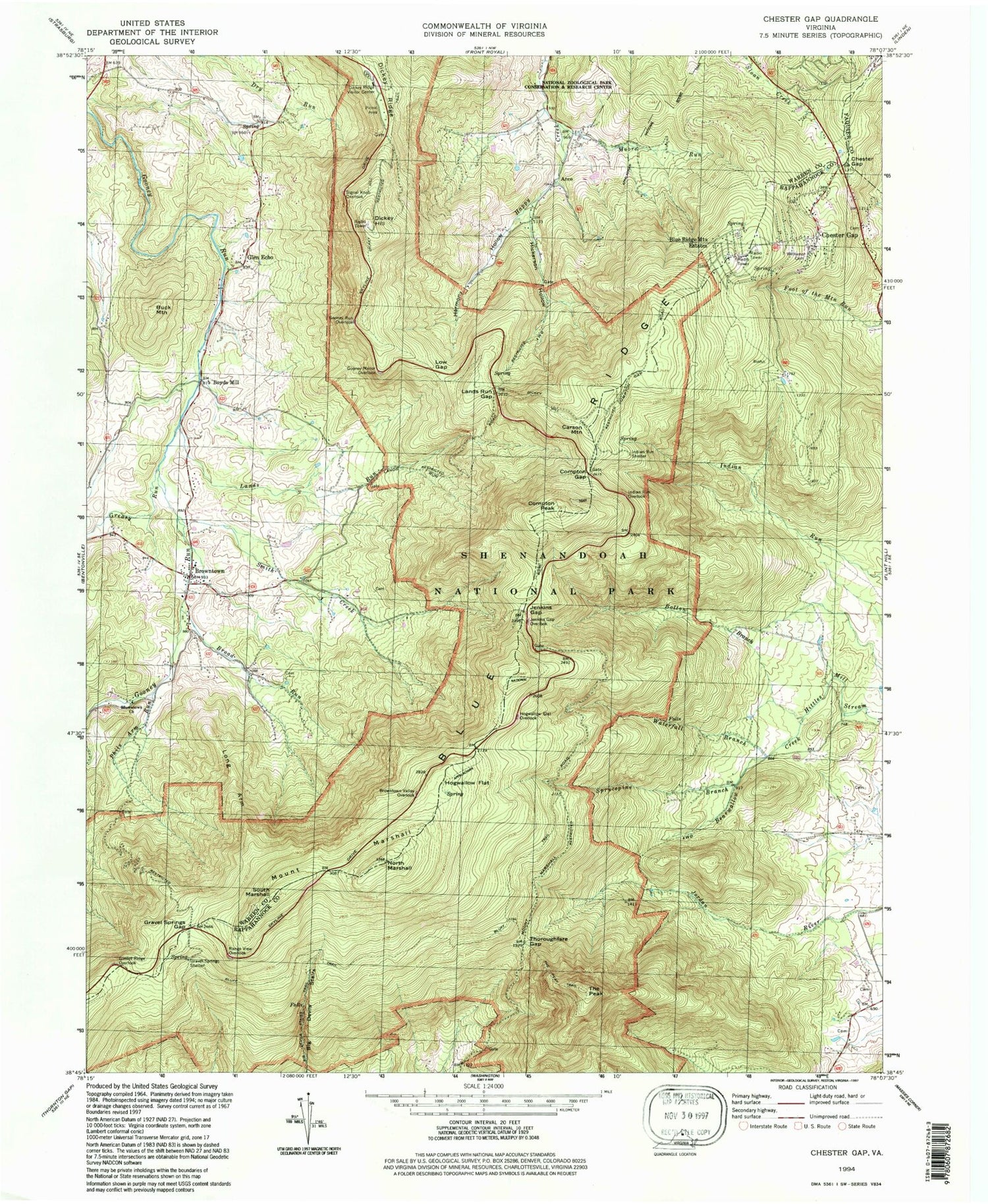 Classic USGS Chester Gap Virginia 7.5'x7.5' Topo Map Image
