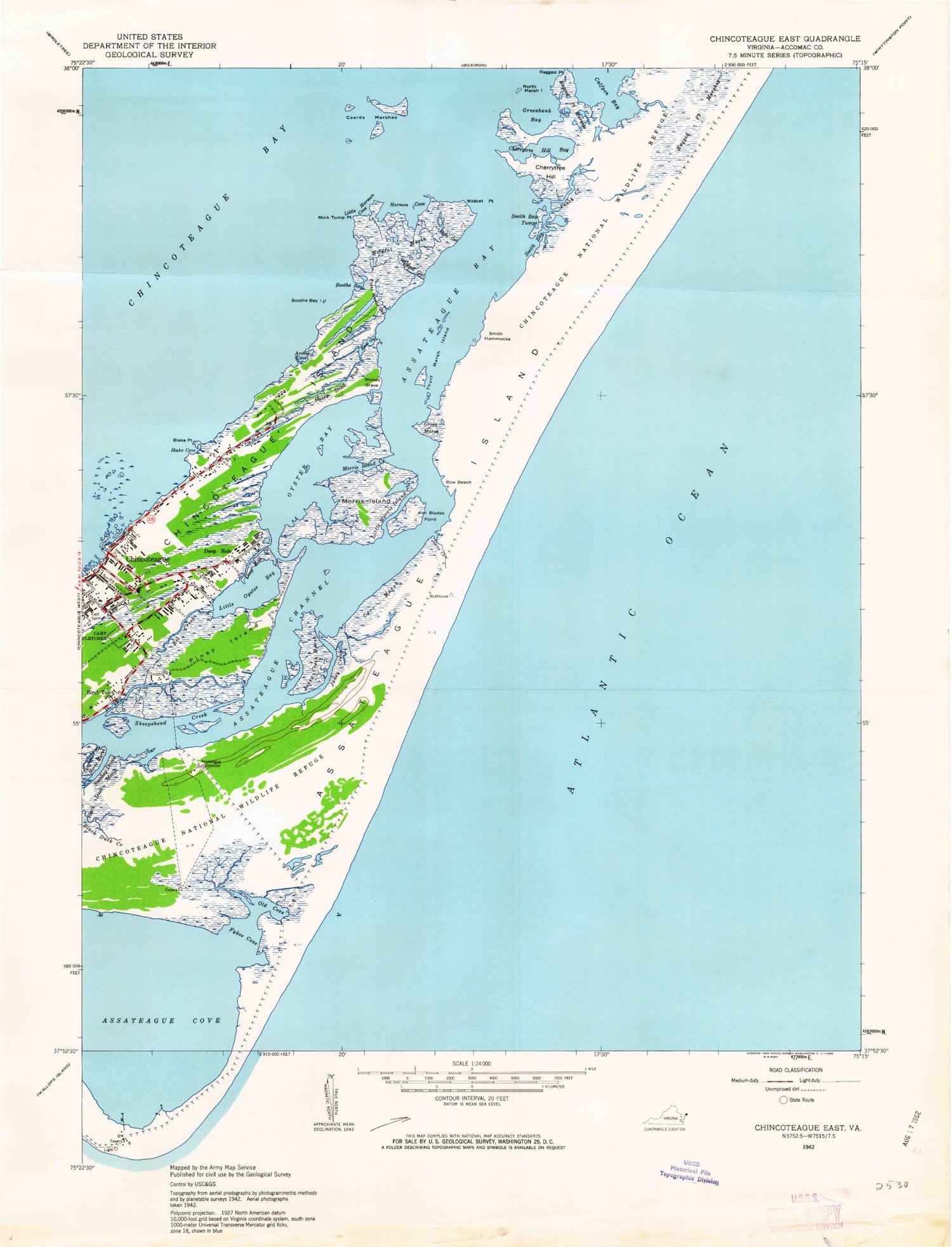 Classic USGS Chincoteague East Virginia 7.5'x7.5' Topo Map Image