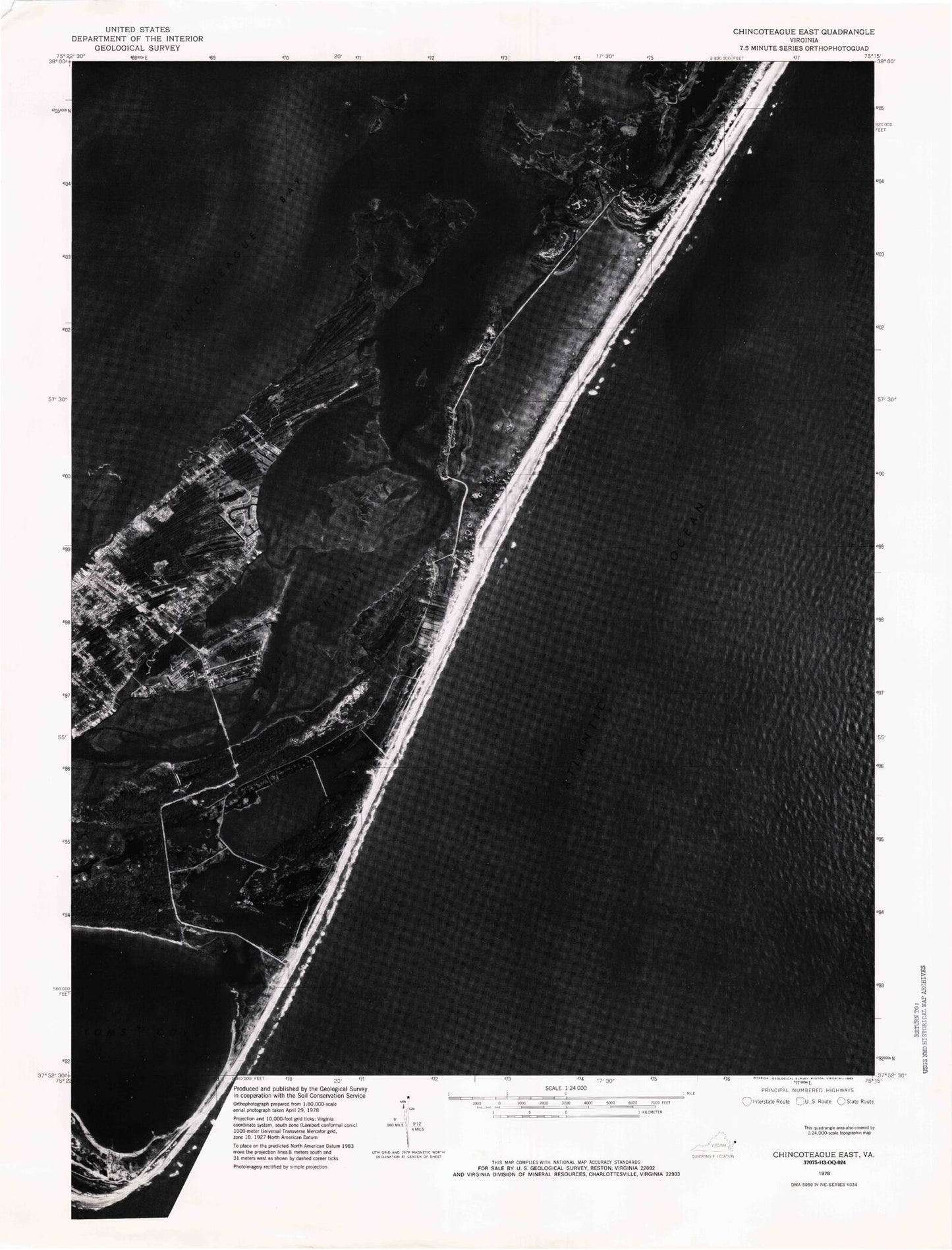 Classic USGS Chincoteague East Virginia 7.5'x7.5' Topo Map Image
