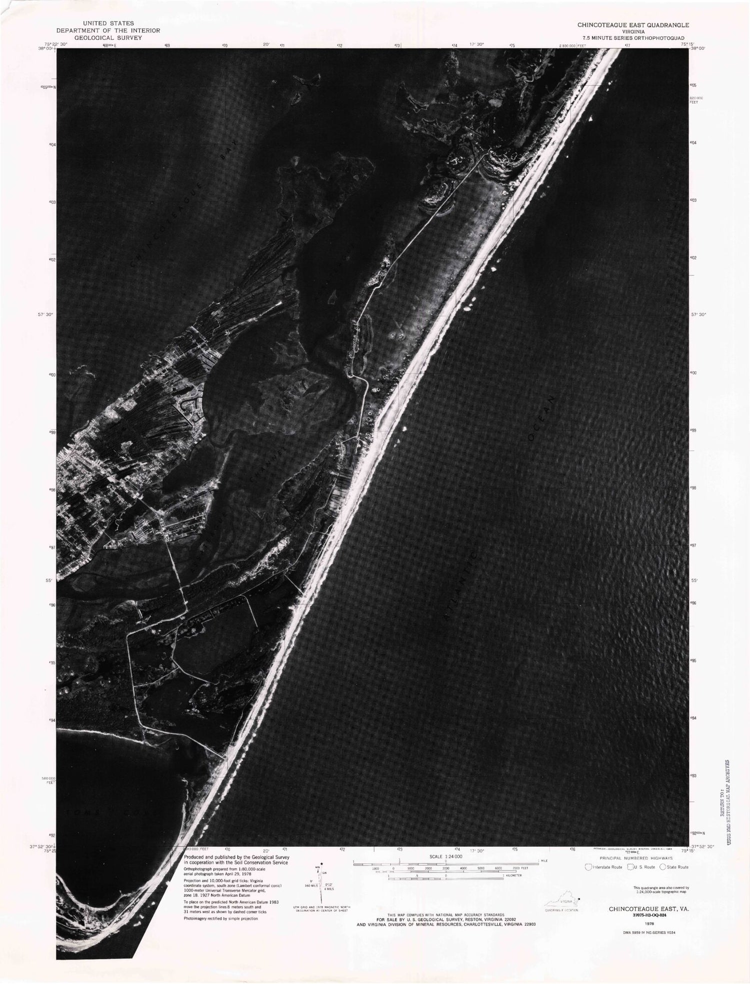 Classic USGS Chincoteague East Virginia 7.5'x7.5' Topo Map Image