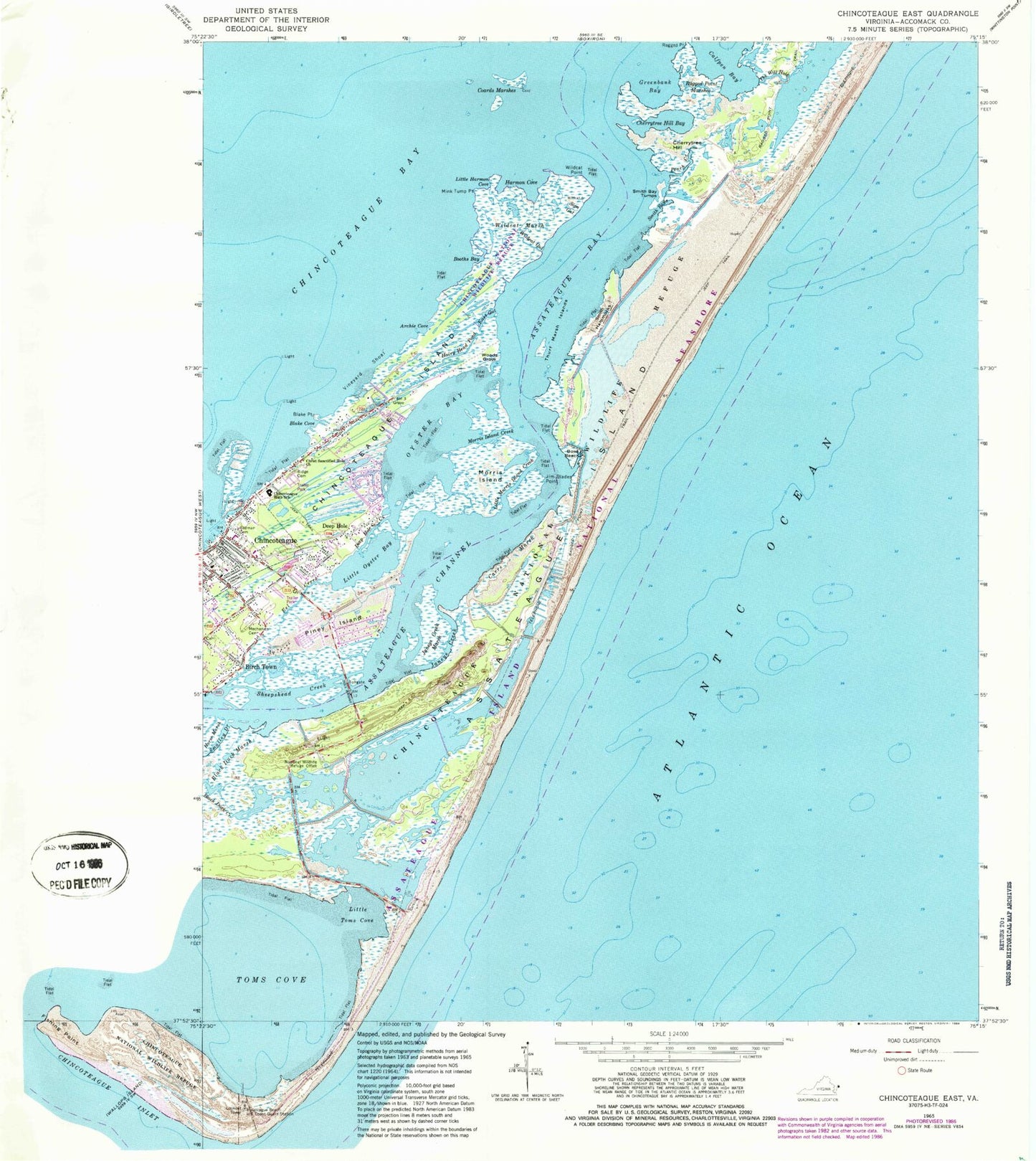 Classic USGS Chincoteague East Virginia 7.5'x7.5' Topo Map Image