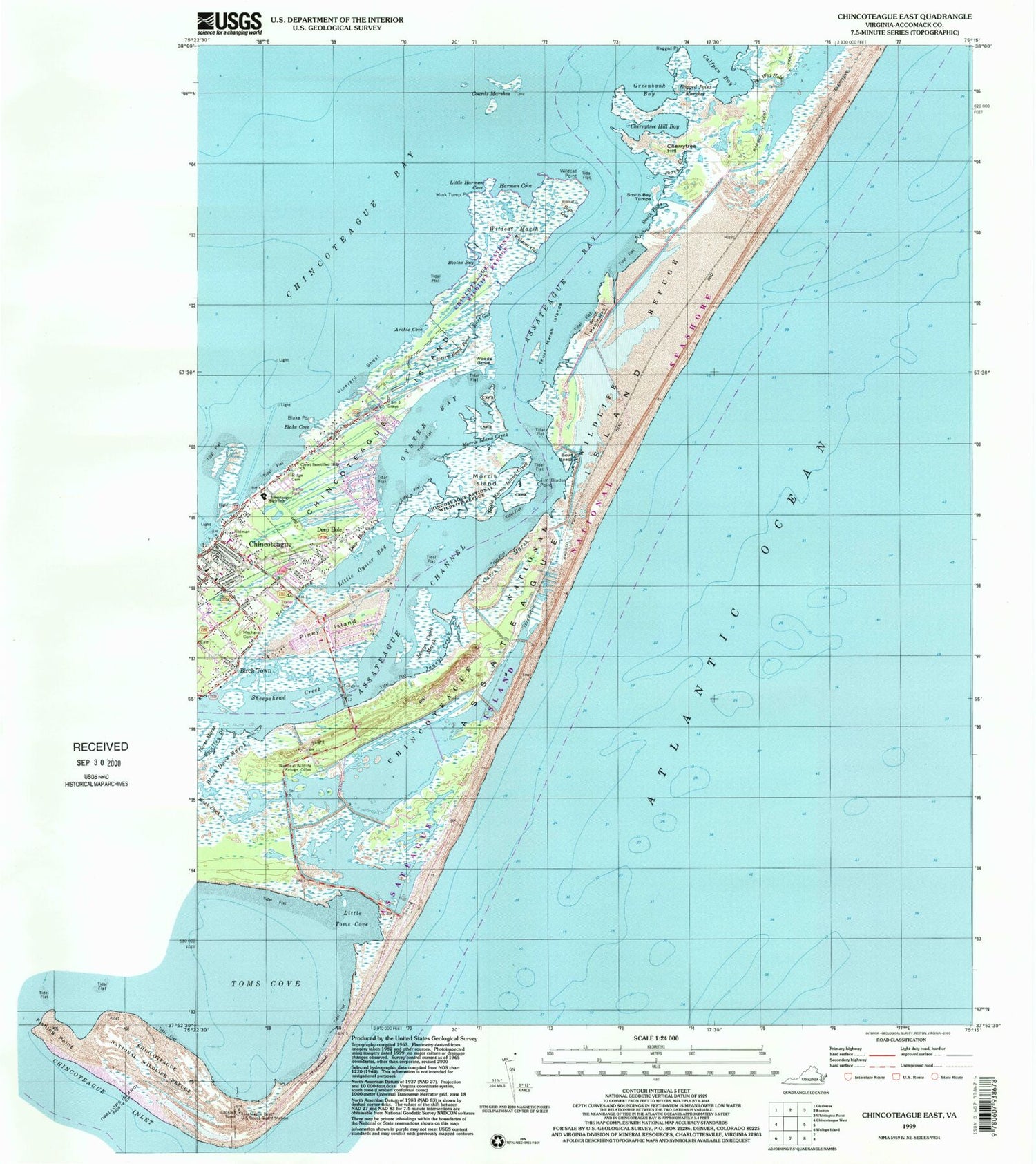 Classic USGS Chincoteague East Virginia 7.5'x7.5' Topo Map Image