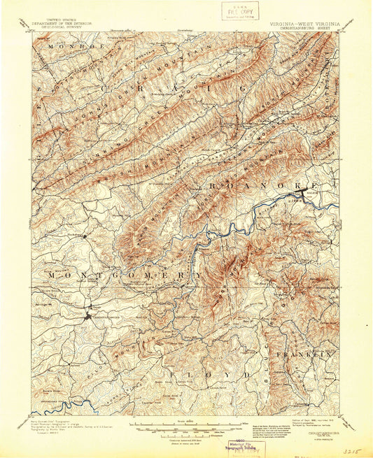 Historic 1890 Christiansburg Virginia 30'x30' Topo Map Image