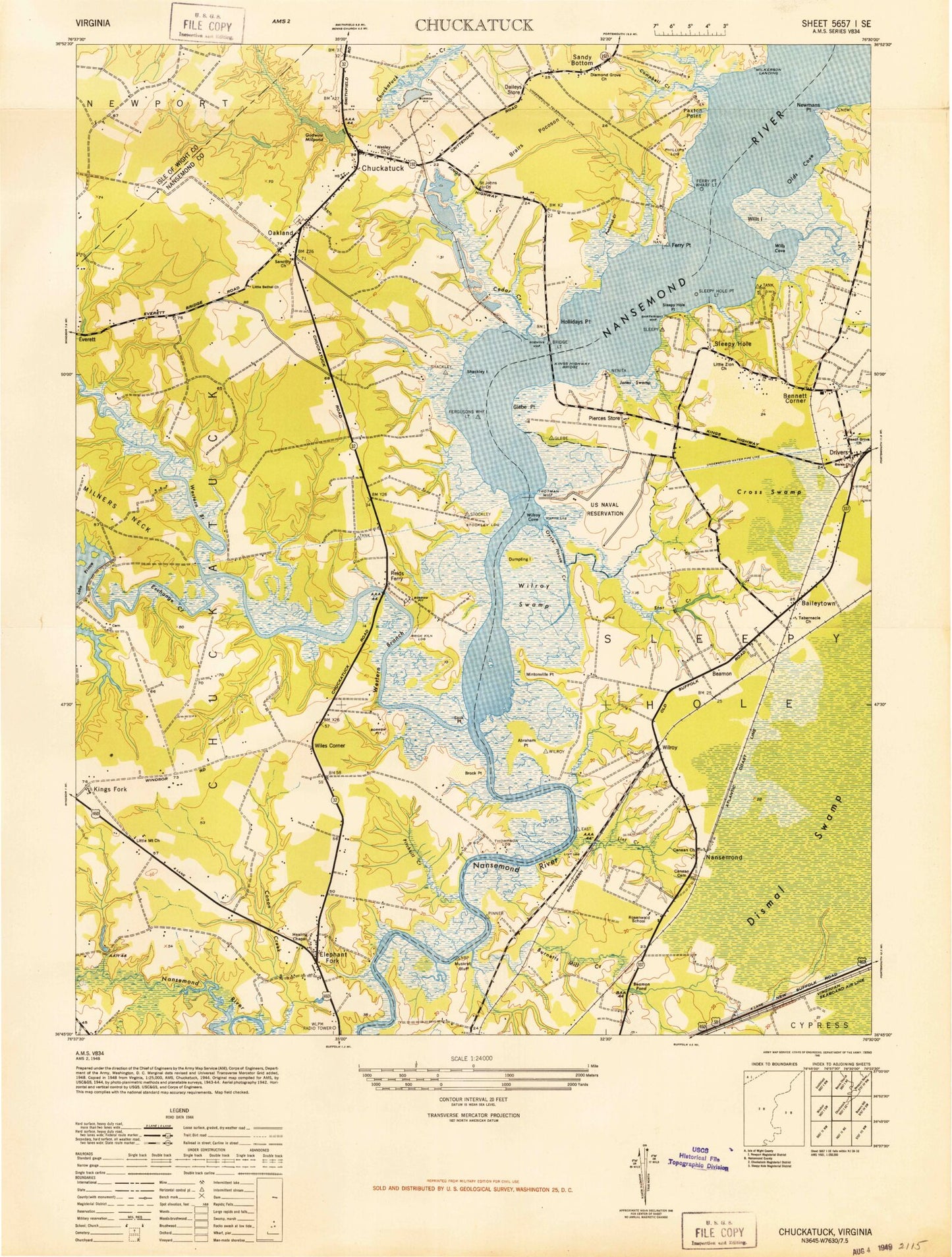Classic USGS Chuckatuck Virginia 7.5'x7.5' Topo Map Image