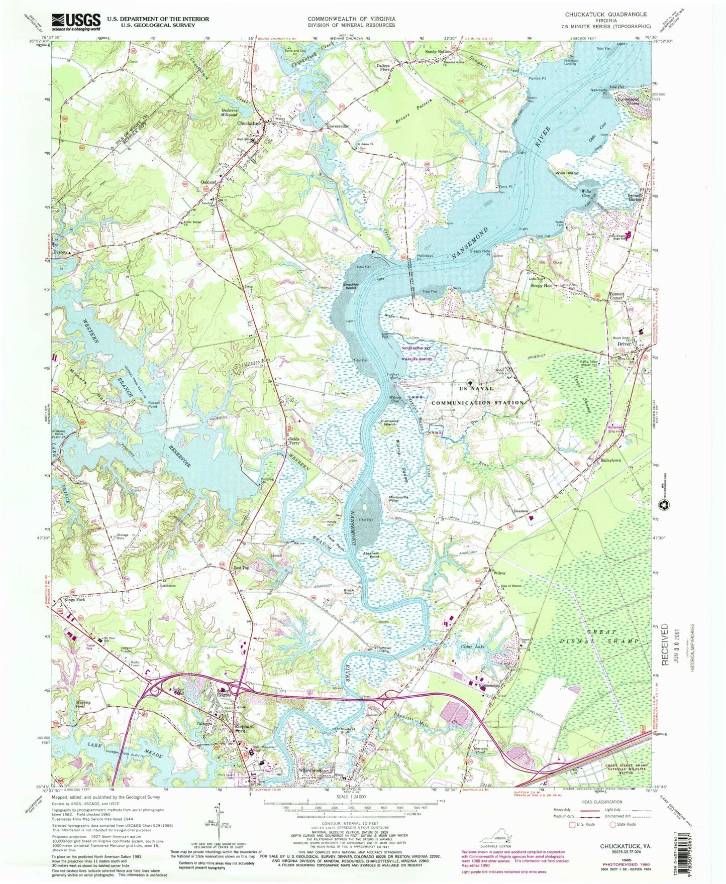 Classic USGS Chuckatuck Virginia 7.5'x7.5' Topo Map Image