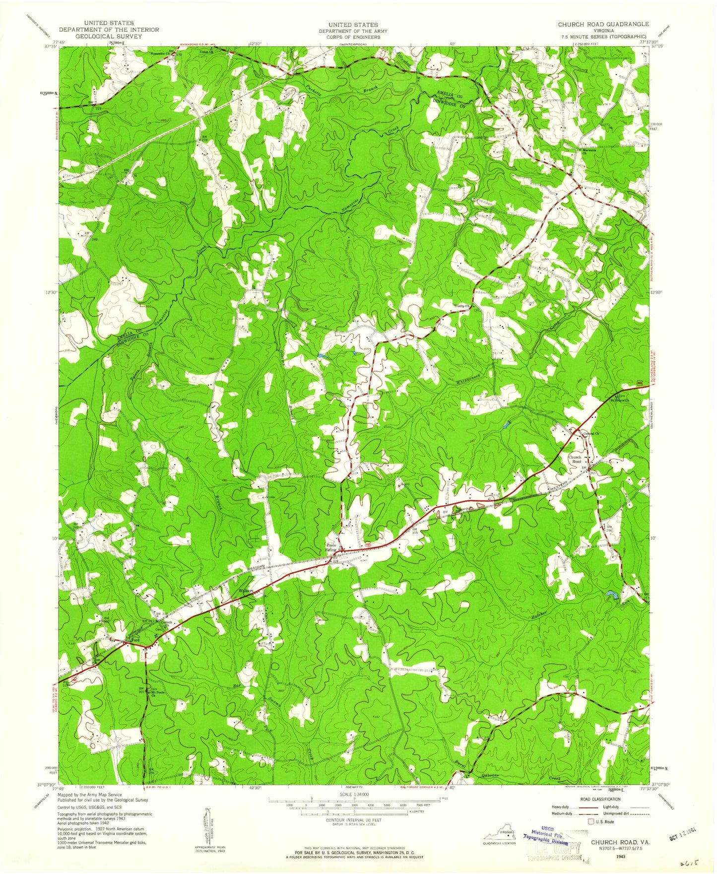 Classic USGS Church Road Virginia 7.5'x7.5' Topo Map Image
