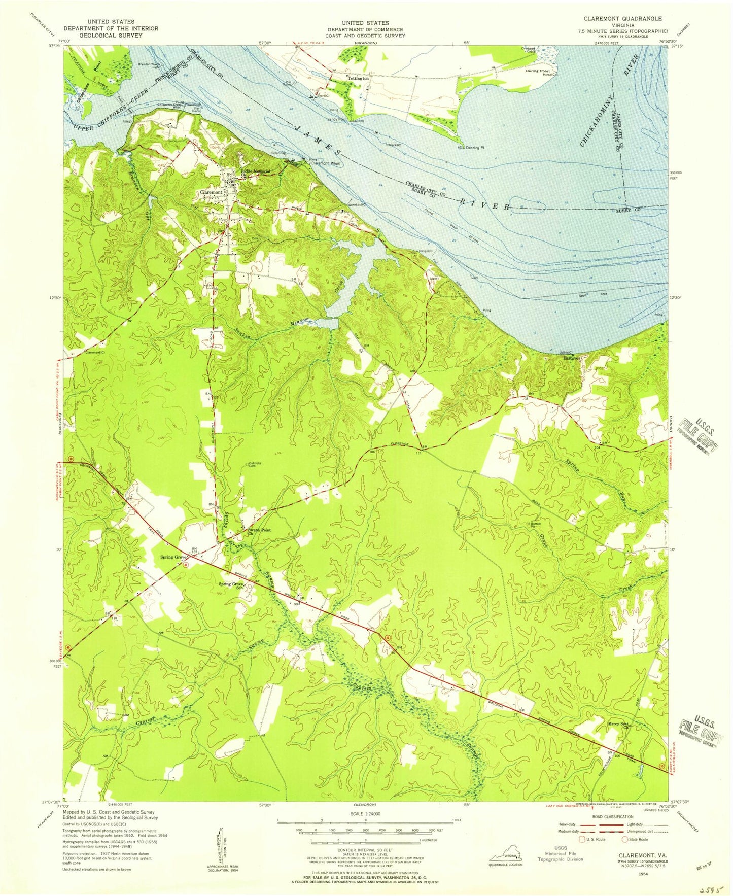 Classic USGS Claremont Virginia 7.5'x7.5' Topo Map Image