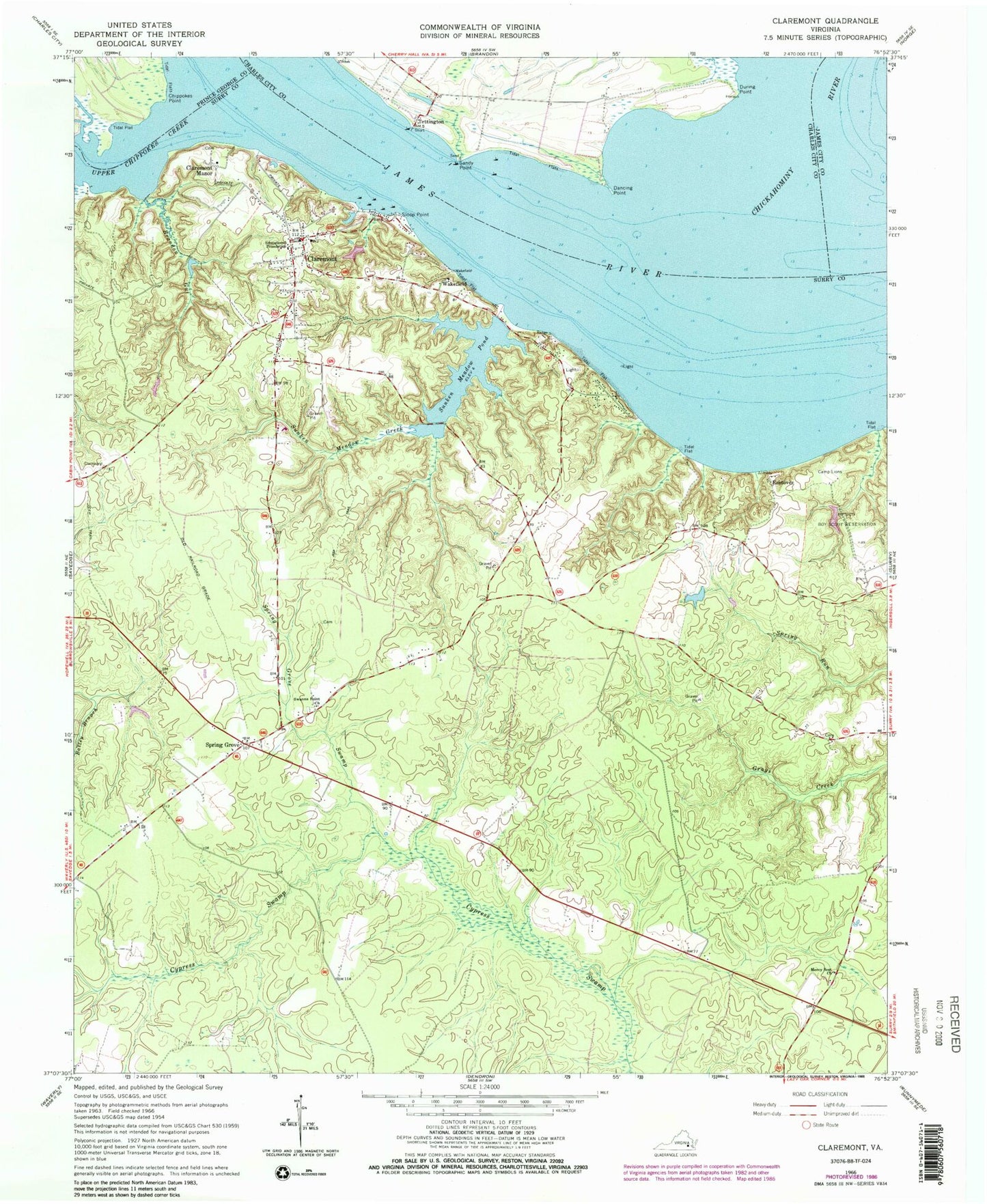 Classic USGS Claremont Virginia 7.5'x7.5' Topo Map Image