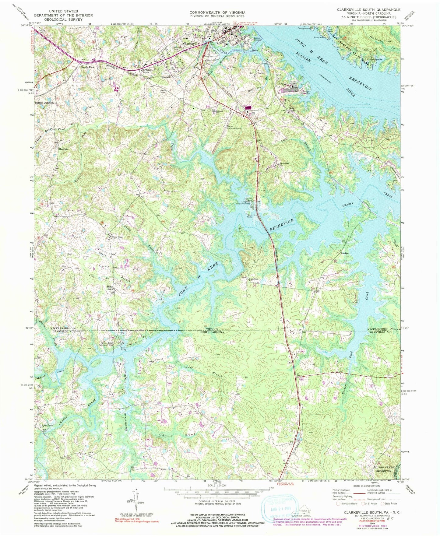 Classic USGS Clarksville South Virginia 7.5'x7.5' Topo Map Image