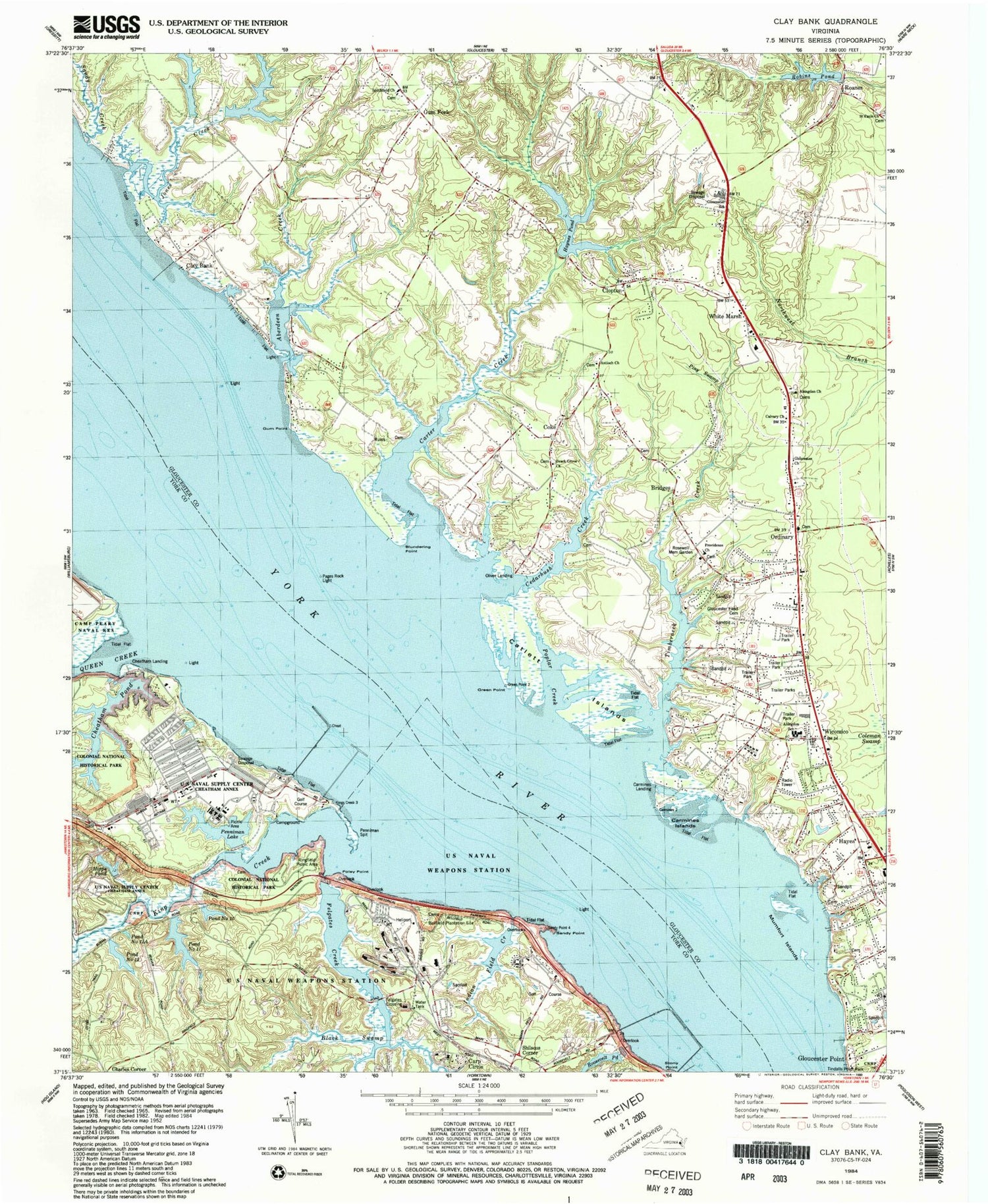 Classic USGS Clay Bank Virginia 7.5'x7.5' Topo Map Image