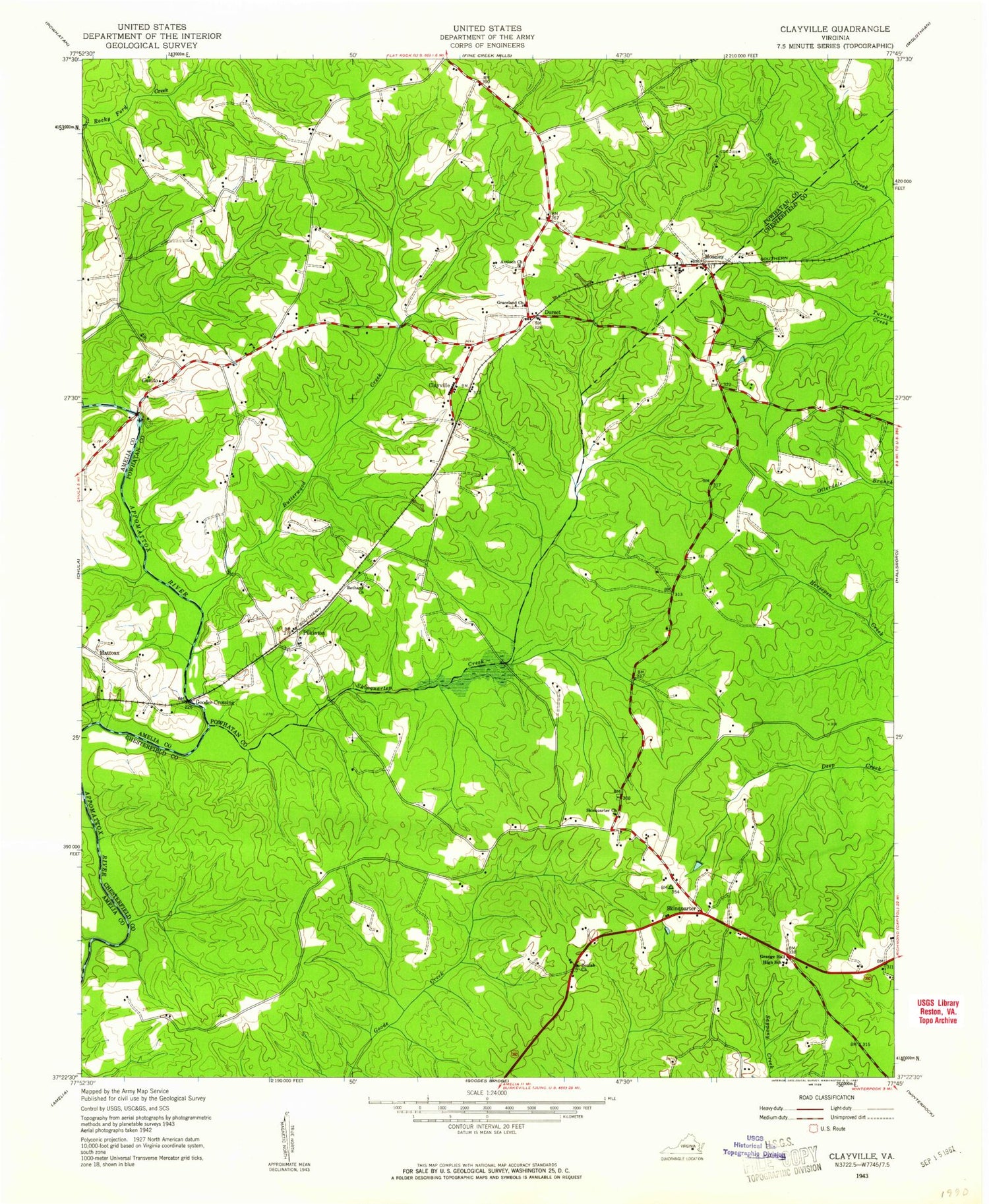 Classic USGS Clayville Virginia 7.5'x7.5' Topo Map Image