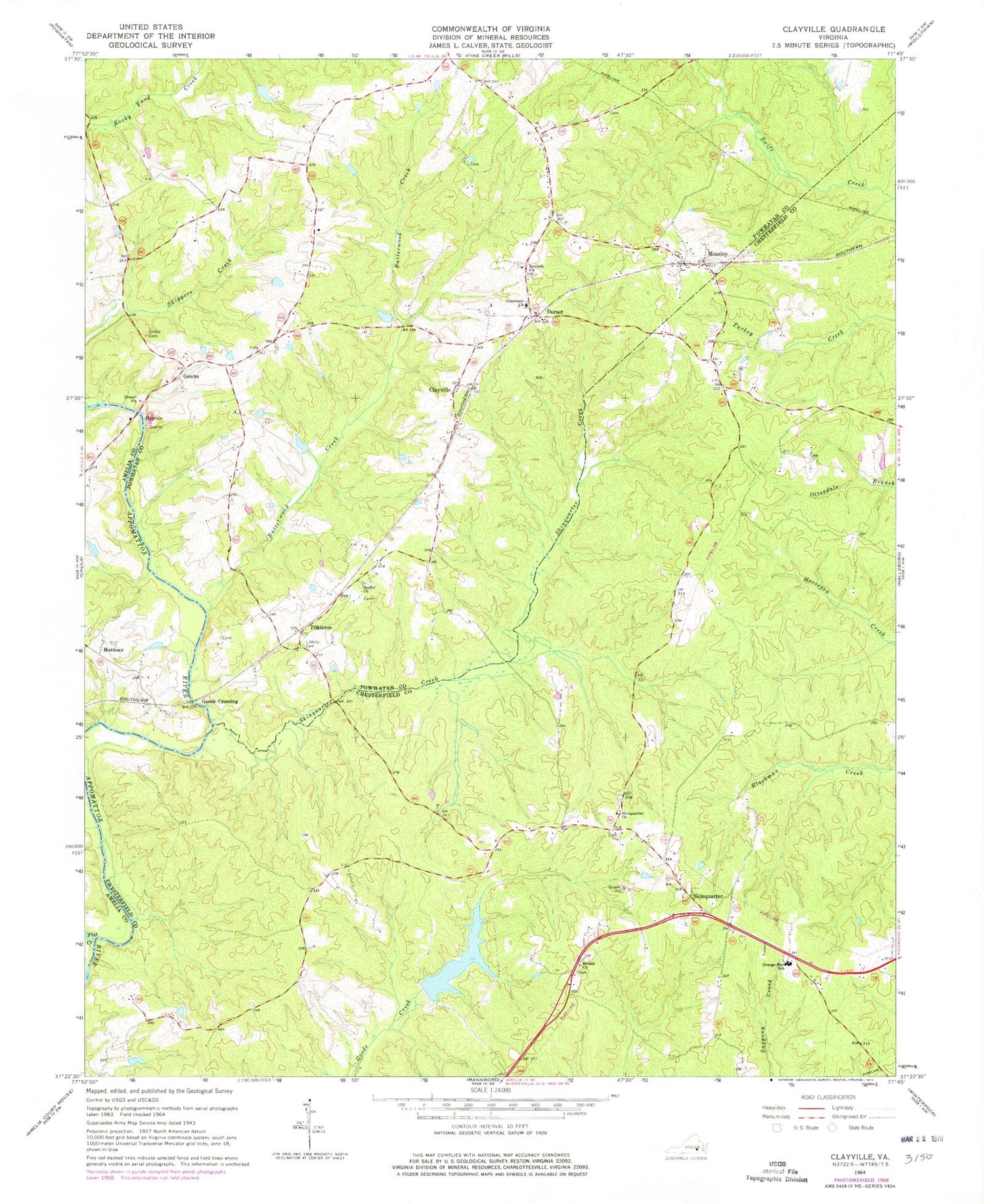 Classic USGS Clayville Virginia 7.5'x7.5' Topo Map Image