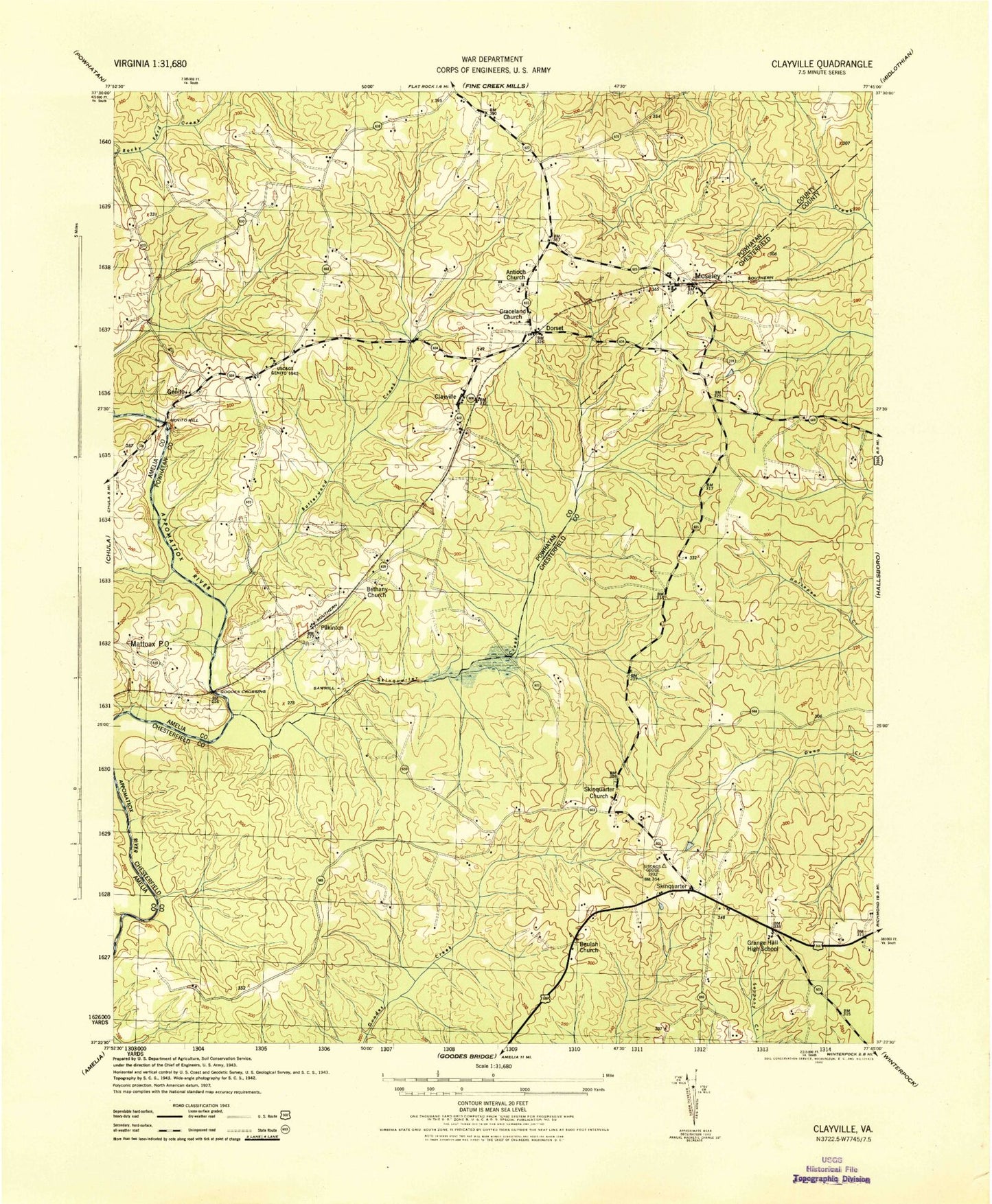 Classic USGS Clayville Virginia 7.5'x7.5' Topo Map Image