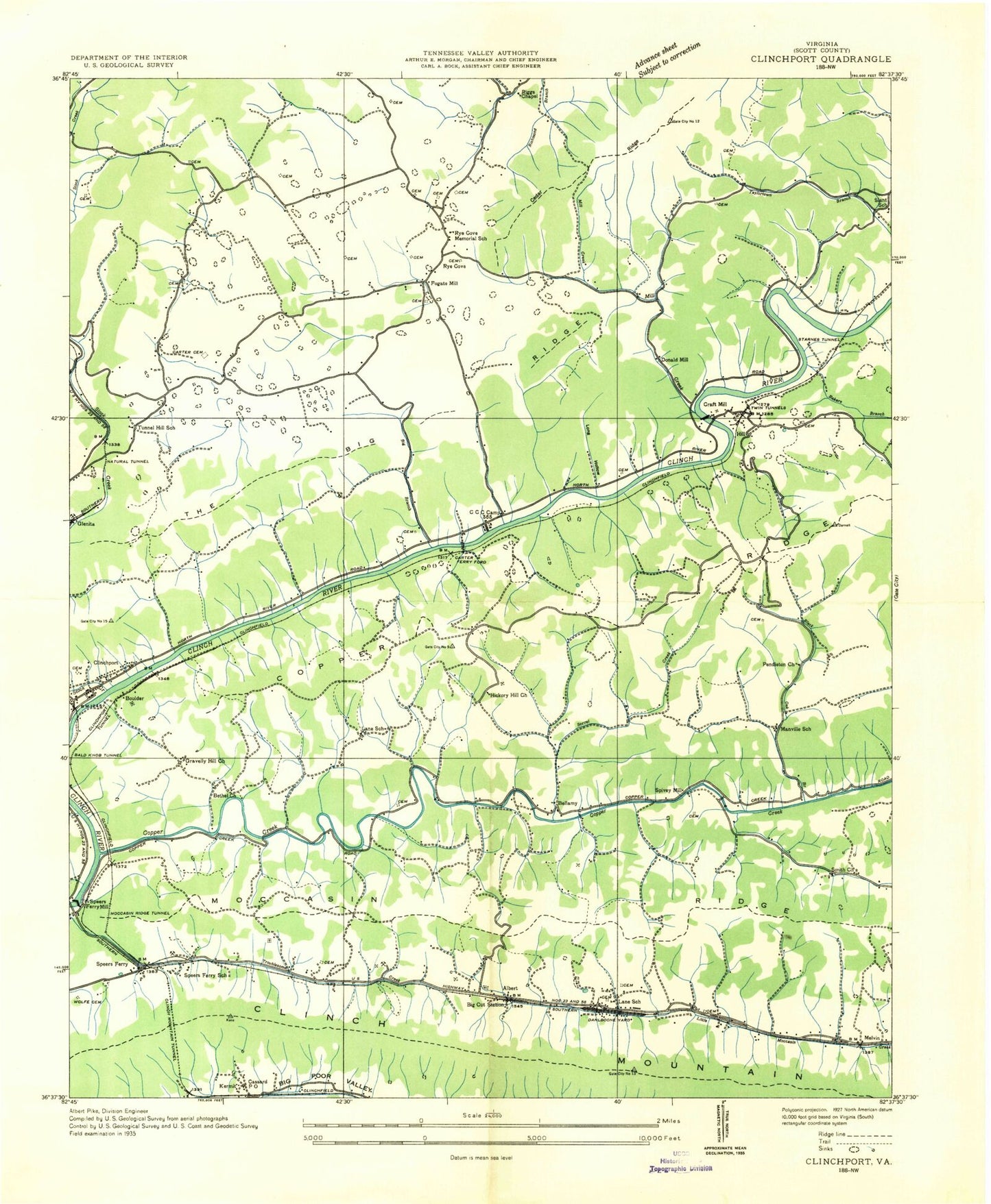 Classic USGS Clinchport Virginia 7.5'x7.5' Topo Map Image