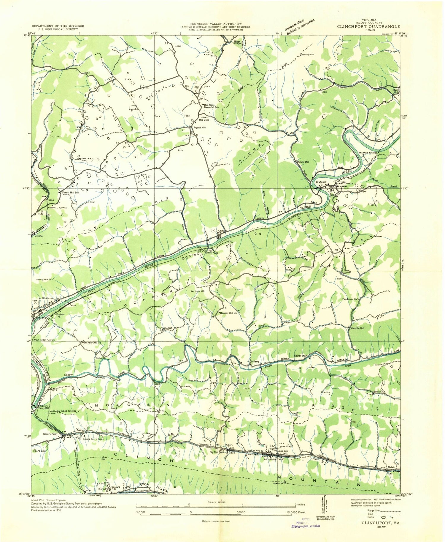Classic USGS Clinchport Virginia 7.5'x7.5' Topo Map Image