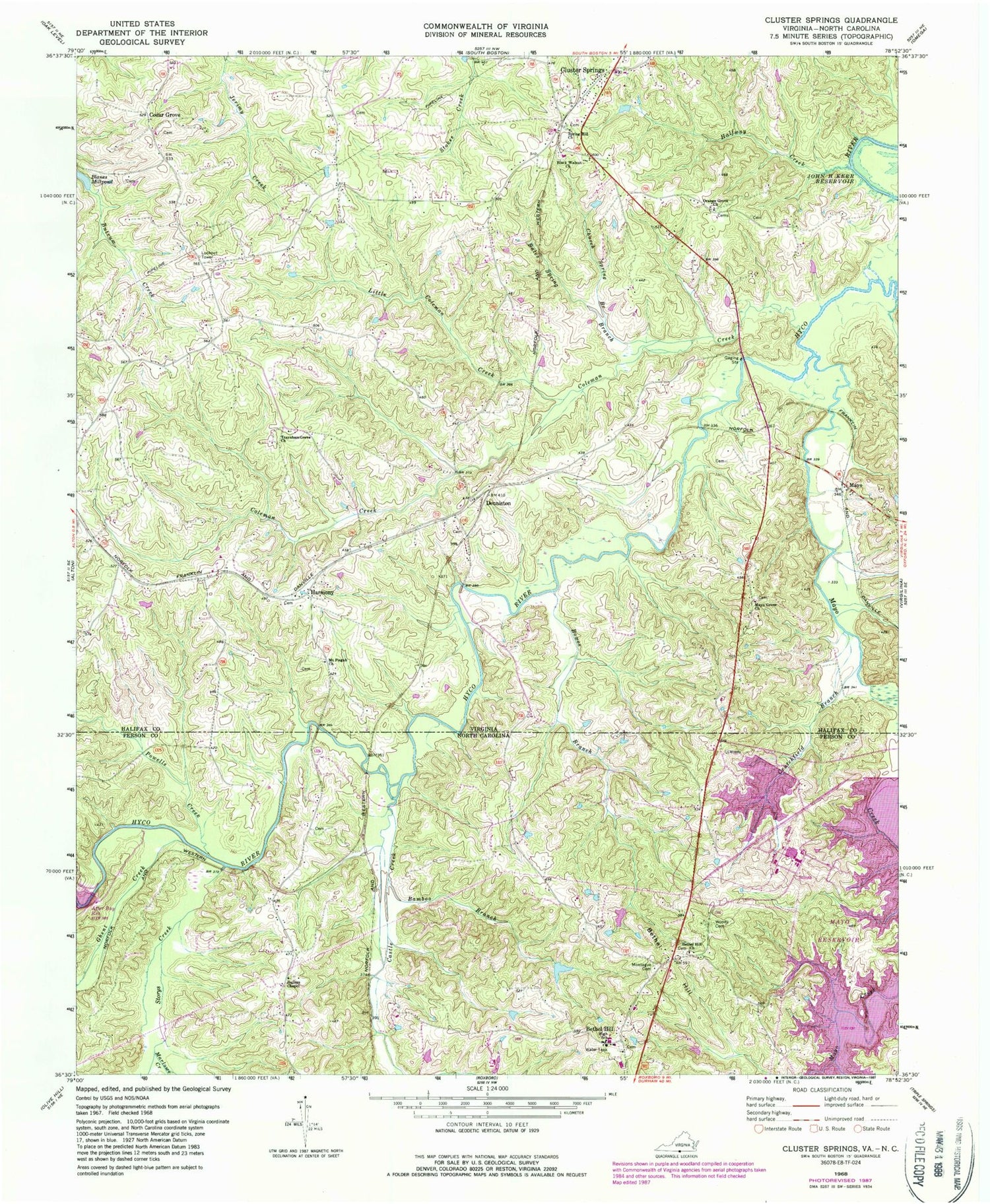 Classic USGS Cluster Springs Virginia 7.5'x7.5' Topo Map Image