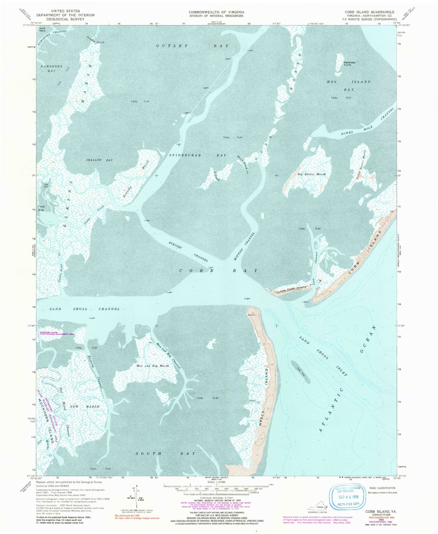 Classic USGS Cobb Island Virginia 7.5'x7.5' Topo Map Image