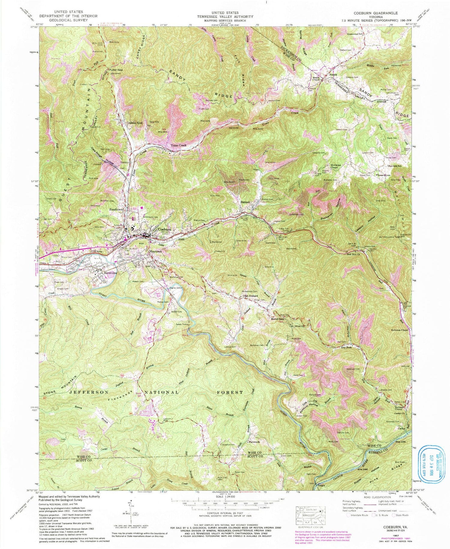 Classic USGS Coeburn Virginia 7.5'x7.5' Topo Map Image