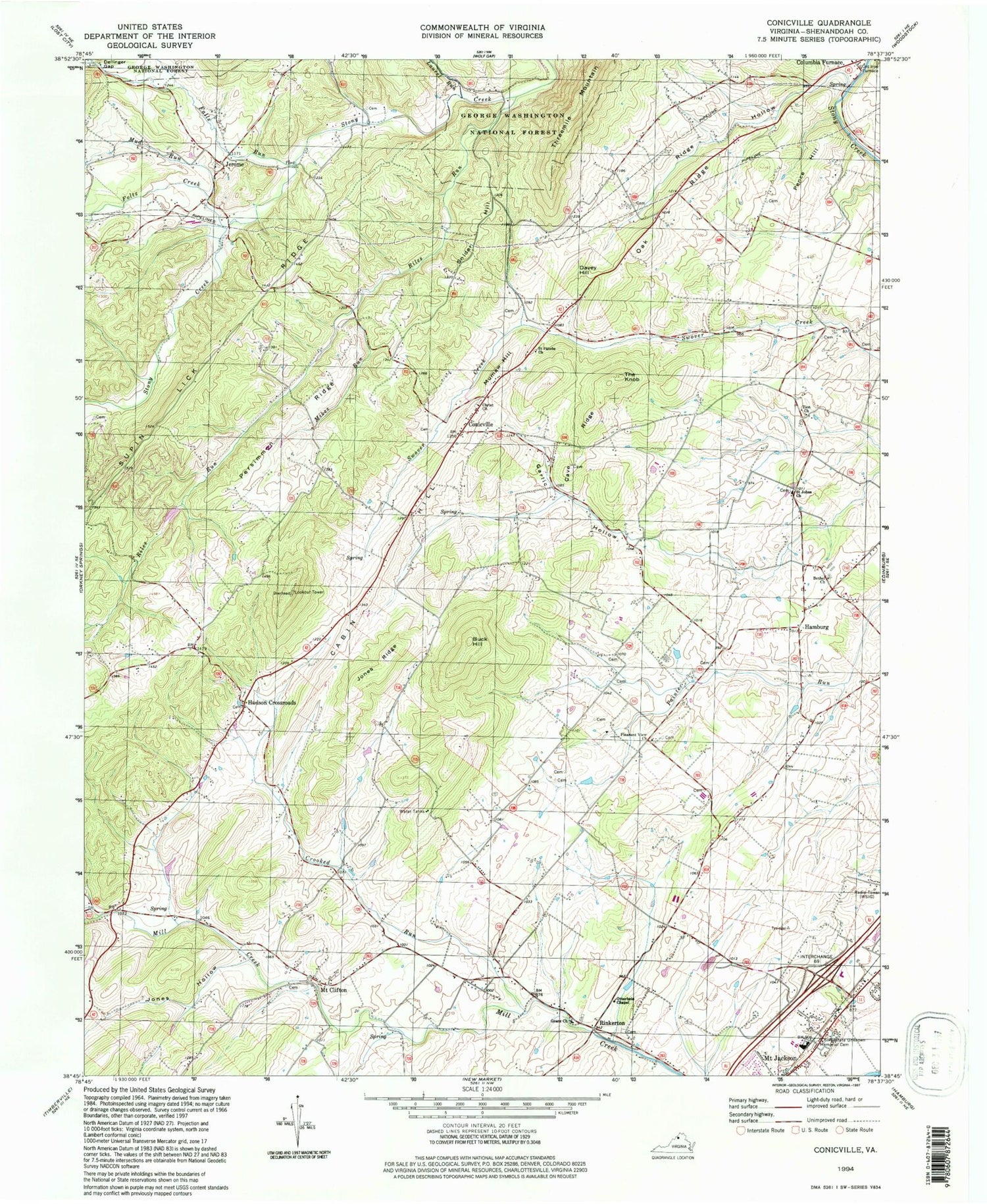 Classic USGS Conicville Virginia 7.5'x7.5' Topo Map Image